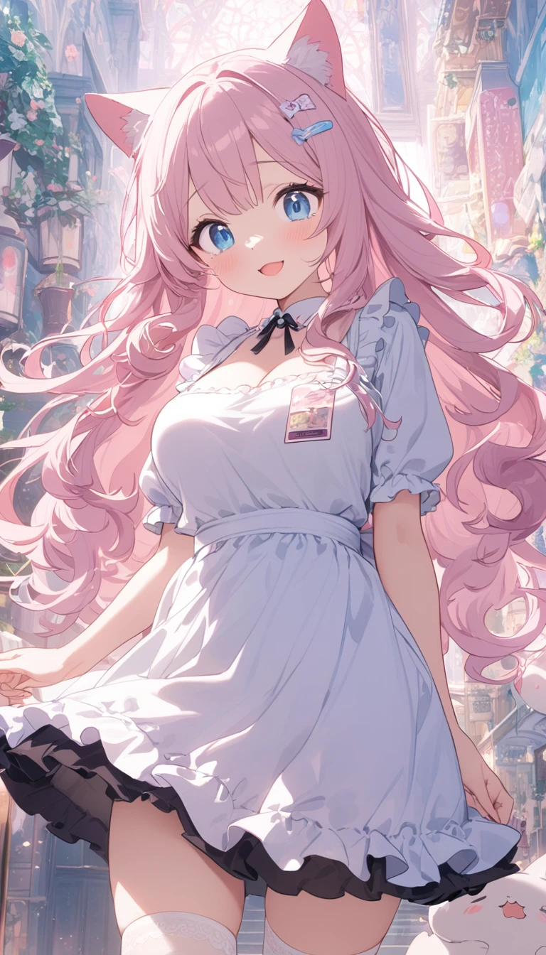 @Onigiri, One girl\(blue eyes,Big Eyes,Tears,(((Droopy eyes))),(Narrow eyes),cute,((Plump)), (Long Hair:1.3),(((pastel)) light-pink hair),(Wavy Hair:1.2),(Hair floating), Pale skin,(pink cheeks),((pink lips)),bangs, cat ears, dress\(short,((pastel)) ((pink)), (), Open Cleavage\),White apron, Large Breasts, Blurred foreground, , Bokeh,Depth of written boundary, smile, Open your mouth, Tall, Cheerful attitude,((cute hairpins)),((pink lips)),White garter thigh high socks,((ＩＤCards from the neck))\), ((pastel colors)), break ,background\(Dreamland, ((pastel colors)),Many lights\), break ,quality\(8k,Extremely detailedＣＧユニットのwallpaper, masterpiece,High resolution,top-quality,top-quality real texture skin,Surreal,Increase the resolution,RAW Photos,最高quality,Very detailed,wallpaper,Cinematic Lighting,Ray-tracing,Golden Ratio,\)