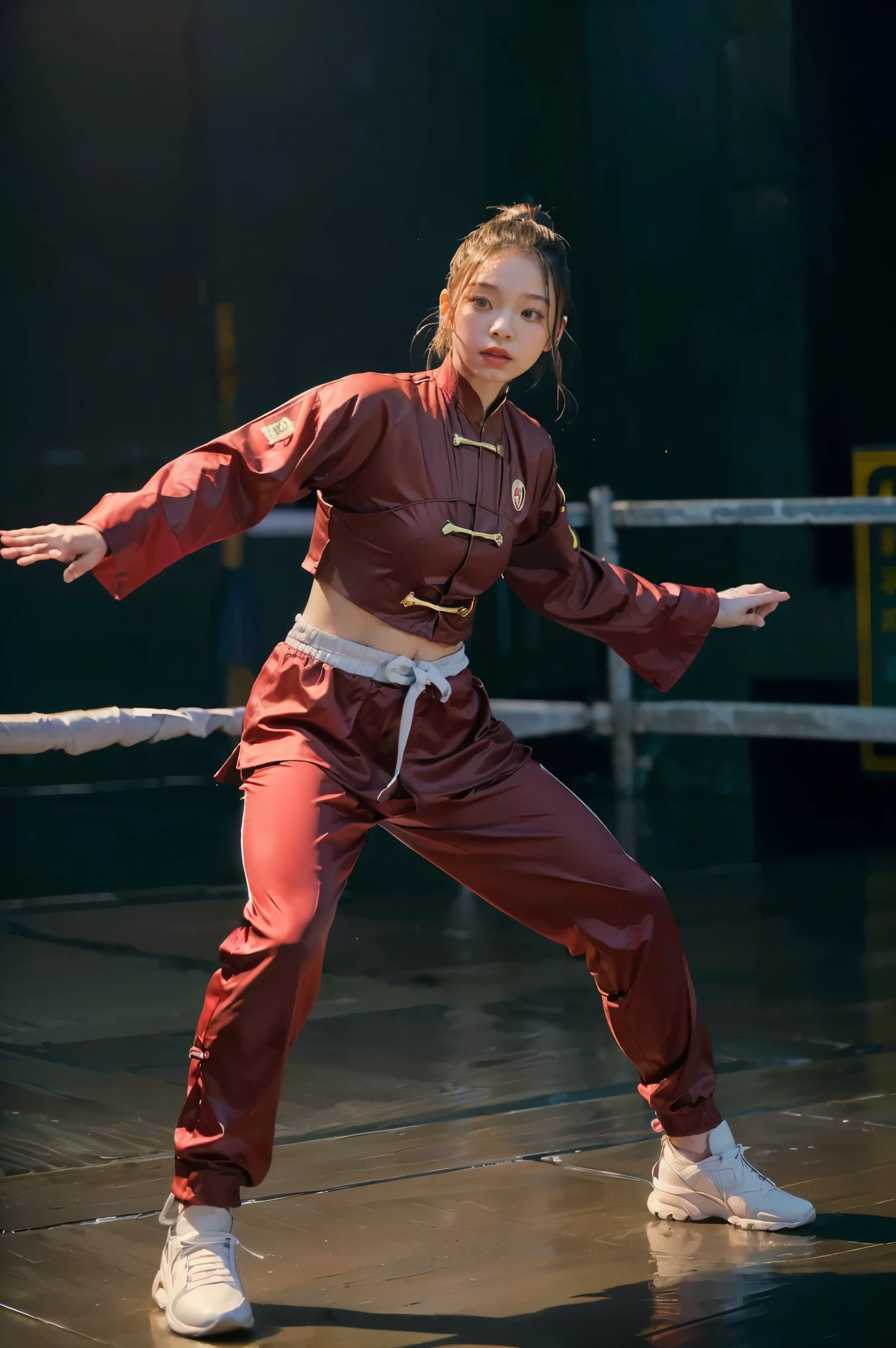 (((Highest quality, 8k, masterpiece:1.3)), 1girl, Fighter pose, (( futuristic full-body Kung Fu Clothing)), Flowing water movement, Sharp Eyes, Toned Body, red, ponytail, track pants, kungfu-styled jacket