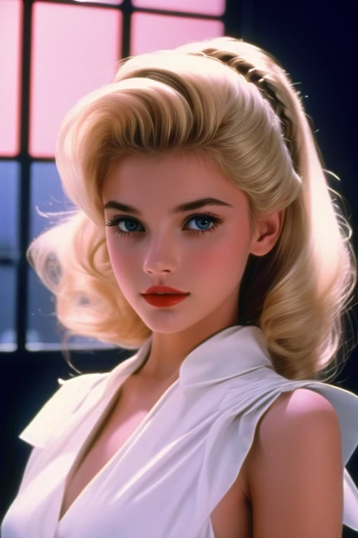 pretty girl at the high school dance, high school gym in the background, caucasian female, wearing a swing style dress, retro fashion, pale skin, blonde hair, cute face, 19 years old, pretty, best image, 8k, photo quality, 16 year old60s, retro style