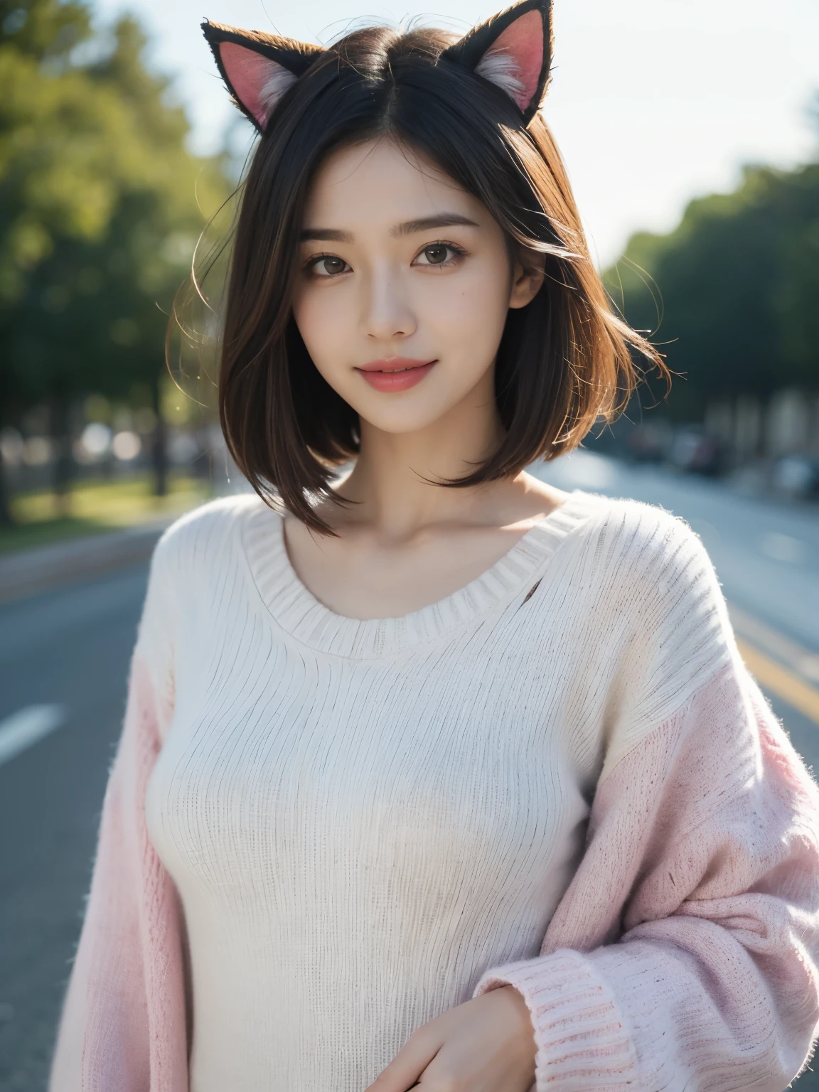asian lady wear (((pink cardigan))), ((black bra and straps), necklace, small breast, rounded shape breast, ((she)), ((mid-shot, full body, slender waist)), Hair Up Do、 Glowing eyes, nose blush, Carl Larsson, Alfonse Mucha, Chiaroscuro, Film Glenn, reflective light, (((mid-Shot))), waist to top,longshot show full body, masterpiece, high details, sun light on her, leaf shading, ((lean forward)) ,