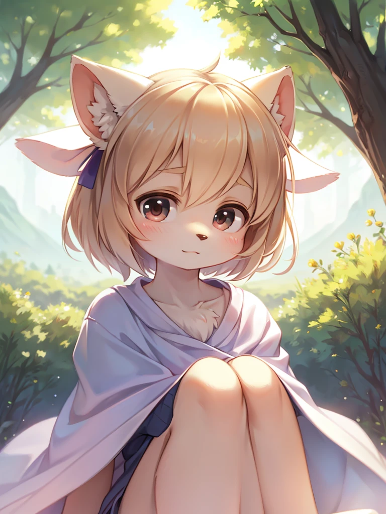A high resolution, depth of fields, tmasterpiece, Best quality at best, Short hair details,Alone, Red Fox,Small under breasts,bit girl,Brown hair,a pink eyes,bare-legged,Wear it alone(Bandeau bandage:1.5),rays of sunshine,Sit Pose,Face the camera with both feet,