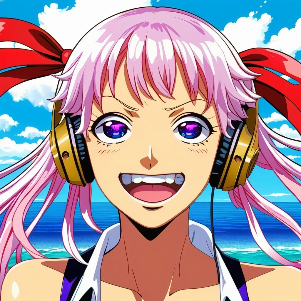 uta (one piece), oda eiichirou,, , 1girl, :d, bangs, blue ribbon, diamond-shaped pupils, diamond (shape), hair between eyes, headphones, long hair, multicolored hair, open mouth, purple eyes, red hair, ribbon, shirt, signature, sleeveless, sleeveless shirt, smile, solo, ((split-color hair)), symbol-shaped pupils, white hair, white shirt, sea, one eye covered, watercolor,, , 