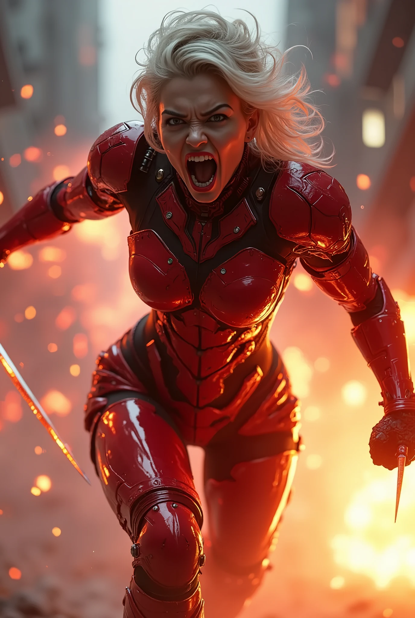 A transforming heroine in a crimson battle suit、Jumping pose in a burst of fire、Detailed cyberpunk armor with neon highlights、Highly detailed cyberpunk style、shoulder、chest、Waist、Complex mechanical armour parts on the legs、A glaring, screaming face,、Swinging a Rapier、Dramatic lighting、Cinematic composition、Super detailed、8k、Photorealistic、Greg Rutkowski 作、ArtStation