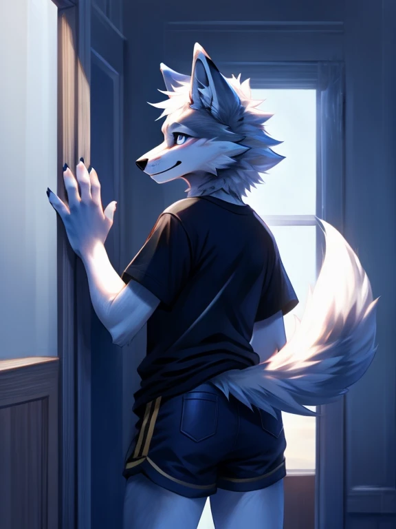 ((( Scarying and menacingly Standing, tall And a grey and white anthropomorphic male wolf with black eyes and white hair wearing just black shorts and a purple shirt, muscular scary looking  ))), big chest wearing clothing , day, , sensual, detailed, uploaded to e621, beautiful and detailed portrait of an anthropomorphic , (((male))) uploaded to e621, zaush, foxovh, movie lighting, thicc, alone, movie cover, detailed, 8k res, hires, detailed eyes, good anatomy, good perspective, towards viewer, by bebebebebe, by sicklyhypnos, by gerkk, by orf, nice hands, perfect hands, happy, romantic, ray tracing lighting, rtx on