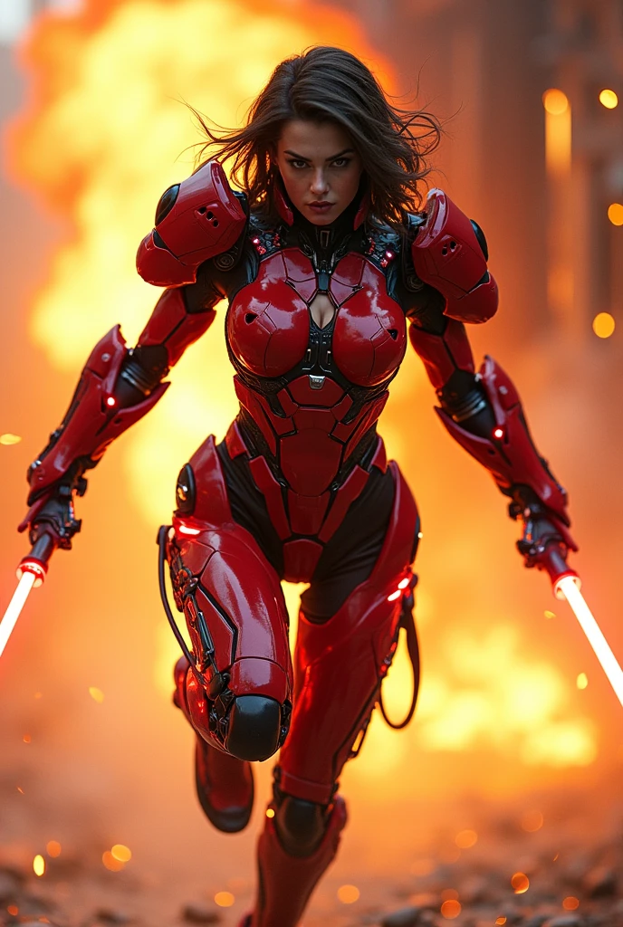 a dramatic pose of a transforming heroine in a crimson battle suit, jumping through a fiery explosion, with neon highlights on her highly detailed cyberpunk armor, extremely detailed cyberpunk style, complex mechanical armor parts on the shoulders, chest, waist, and legs, intense glaring expression with an open mouth, wielding a slender laser rapier, dramatic lighting, cinematic composition, ultra-detailed, 8k, photorealistic, by Greg Rutkowski, Artstation