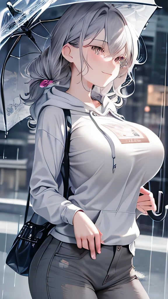masutepiece, Best Quality, Detailed CG, 8K Wallpaper, Perfect female body, woman, (big breast:1.3), (puppet:1.3), (hairs between eyes:1.1), Elegant hair, big forhead, (grey hair:1.5), super fucking beautiful, white skin, (looking away:1.3), (Hoodie:1.3), (jeans:1.3), Girl walking in the city on a rainy day, Girl holding an umbrella, smile, hold an umbrella, (grab umbrella:1.2),