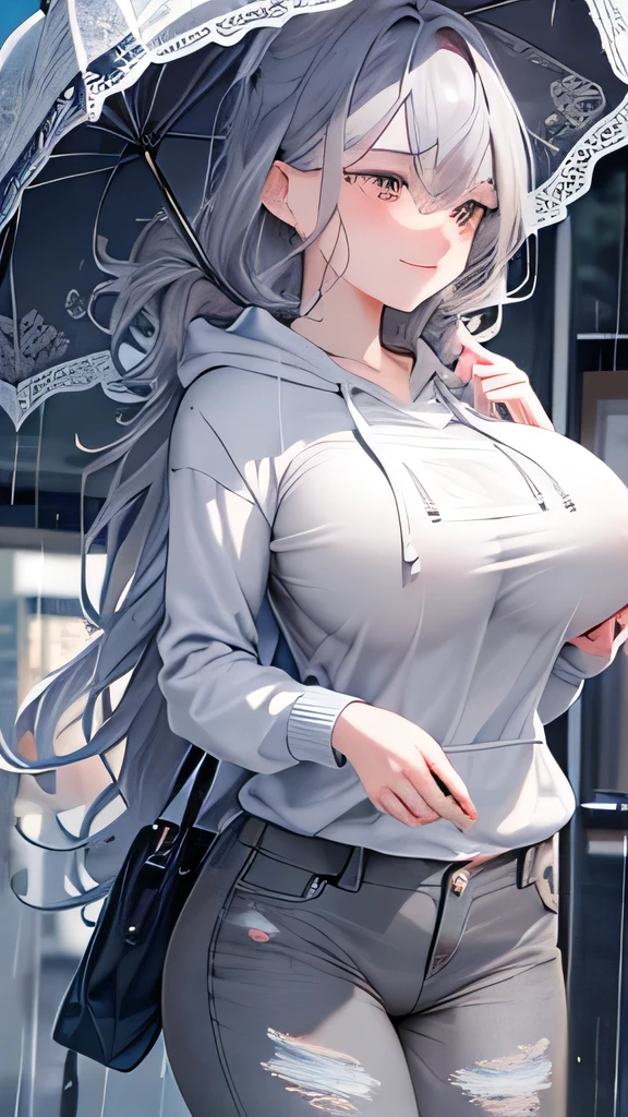 nsfw, nude, masutepiece, Best Quality, Detailed CG, 8K Wallpaper, Perfect female body, woman, (big breast:1.3), (puppet:1.3), (hairs between eyes:1.1), Elegant hair, big forhead, (grey hair:1.5), super fucking beautiful, white skin, (looking away:1.3), (Hoodie:1.3), (jeans:1.3), Girl walking in the city on a rainy day, Girl holding an umbrella, smile, hold an umbrella, (grab umbrella:1.2),