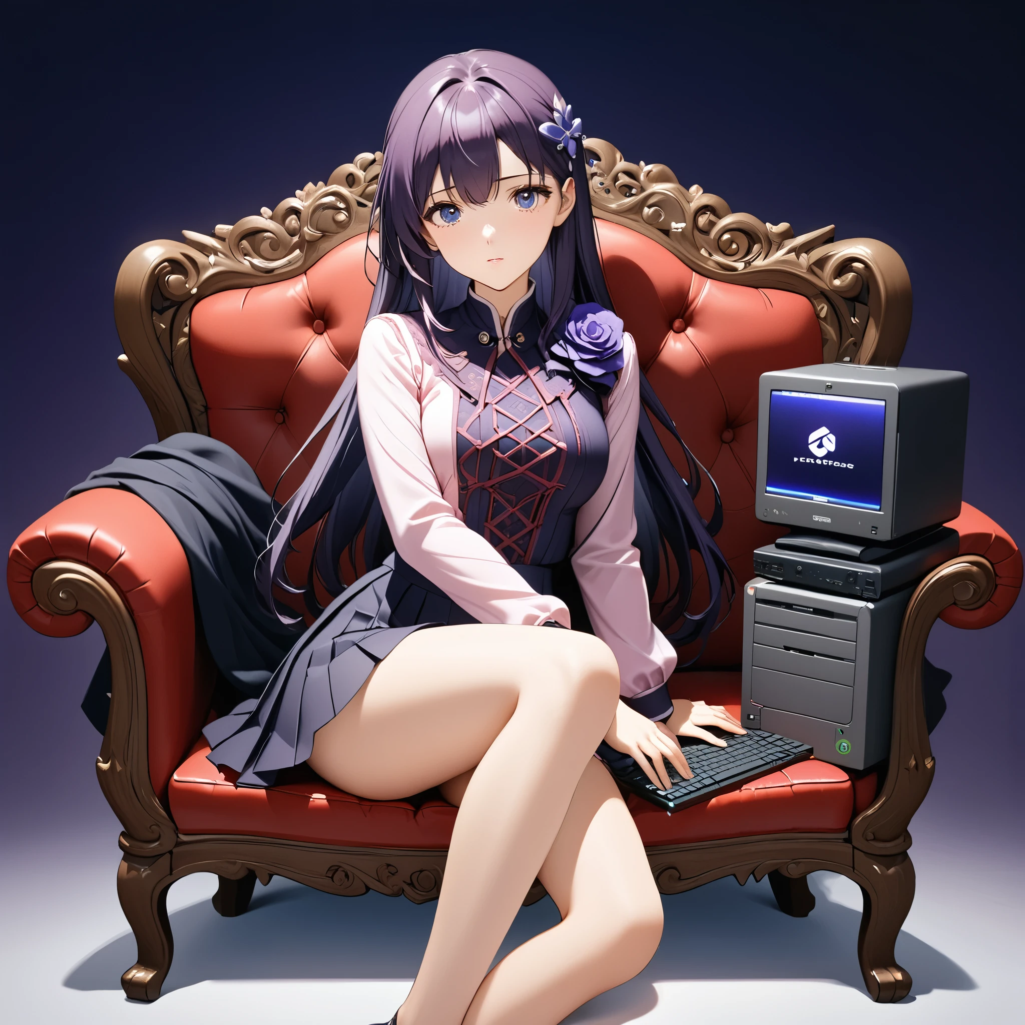 1girl, expressive eyes, perfect face, (bright purple hair, long hair), perfect anatomy, full body, looking at viewer, bright blue eyes, beautiful face, perfect face, perfect hands, perfect legs, super detailed clothing, intricate clothing, sitting on an elegant red sofa. She has dark purple hair, long pony hair, adorned with small purple bows. She wears a long-sleeved pink blouse with a woven design, draped over one shoulder, Her skirt is short and white, with pleats. The girl's expression is soft, with large purple eyes and a purple flower-shaped accessory on the right side of her hair. At his side is a computer equipment for a gamer girl