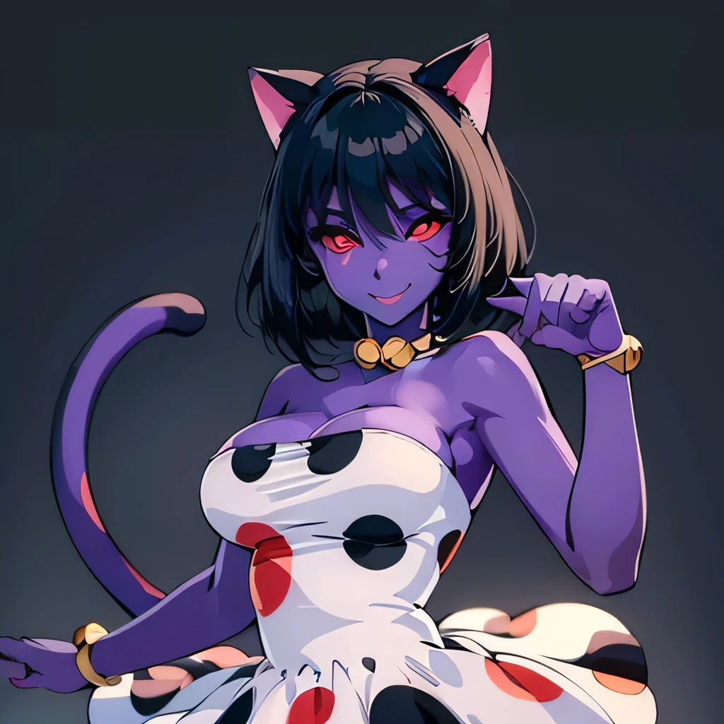  ((masterpiece,best quality,ultra-delicate,Perfect Face,16k,high resolution,very beautiful girl)), purple skin, cat ears, cat tail, 
polka dots pattern white strapless dress, polka dots pattern white tights, black short hair, red eyes,  large breasts,cute smile,very cute posing