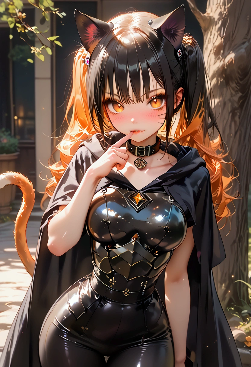 (score_9, score_8_up, score_7_up), absurdres, best quality, detailed, detailed body, masterpiece, 1girl, 1guy, perfect anatomy, (focus on the face), (extremely detailed face:1.4), (eye color light:1.1), (bright eyes), (orange eyes:1.3), (cat eyes), perfect face, thick eye lashes, beautiful face, (young teen:1.5), (playful), (teasing), (confident), (young catgirl:1.5), BREAK, (flowing hair), (black hair:1.3) (long hair), (lose strands of hair), (pig tails), (orange cat ears:1.4), vivid hair, BREAK, (short:1.2), (pale oiled skin:1.1), (thick thighs), (fat ass), (wide hips:1.3), (slender), (narrow waist:1.4), (narrow shoulders), (medium lifted breasts:1.2), (extremely shiny skin:1.5), (orange cat tail:1.4), BREAK, (leaning against a tree), (biting finger:1.4), (black cloak:1.3), (hood up), BREAK, (revealing black leather armored top:1.5), (revealing black assassin leather skirt:1.4), (black assassin leggings:1.3), BREAK, (perfect gothic makeup:1.2), (blushing), (playful expression:1.4), (thighs exposed:1.4), (black cat collar), rim light, Light Particles, volumetric lighting, vivid colors, OverallDetail, Expressive,