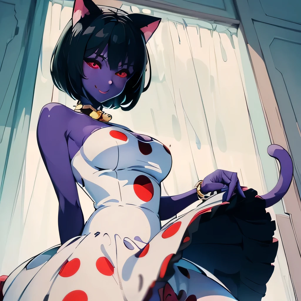  ((masterpiece,best quality,ultra-delicate,Perfect Face,16k,high resolution,very beautiful girl)), purple skin, cat ears, cat tail, 
polka dots pattern white strapless dress, polka dots pattern white tights, black short hair, red eyes,  large breasts,cute smile,very cute posing