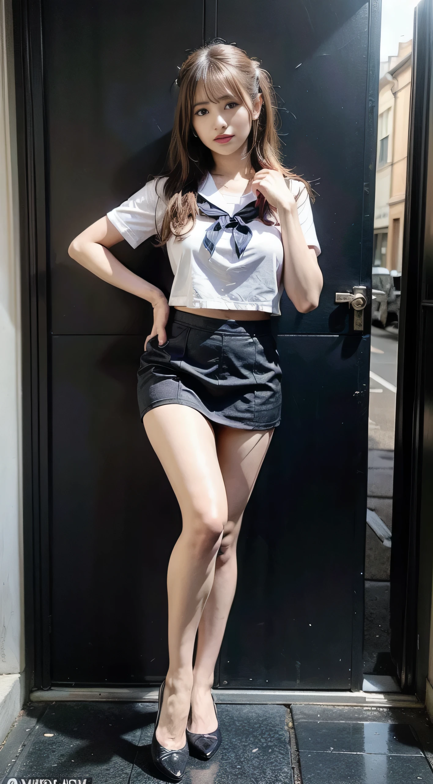 Above the knee shot, Standing posture, From below, (Please redeem:1.4), (super high quality), (Super detailedな), Beautiful and young々beautiful girl:1.2, Very cute, Great face and eyes, (thin, White short-sleeved sailor uniform), (Very low rise thin blue gingham check pleated micro mini skirt), (Incredibly large breasts:1.3), (Slender body:1.1), (thin, Thin legs), (The waist is very thin), Realistic skin texture, bangs:1.3, Bright and shiny lips, A beautiful goddess descends, Beautiful background, Golden Ratio, Conceptual Art, Super detailed, Accurate, Advanced Details, Outdoor, Sexy Art, Enveloped in the midsummer sun, Bright light, Super detailed illustrations, Combining 8K wallpapers and high-definition CG, RAW Photos, Professional photos, Cinematic Lighting, Written Boundary Depth, (In uniform and without a bra:1.2), belly button, (The shape of her nipples is visible through her uniform..), (Nipple protrusions push up the uniform), Her big breasts spill out of her uniform.:1.2, Crop top, (Underbust is visible:1.2), (Bare feet and high heels)