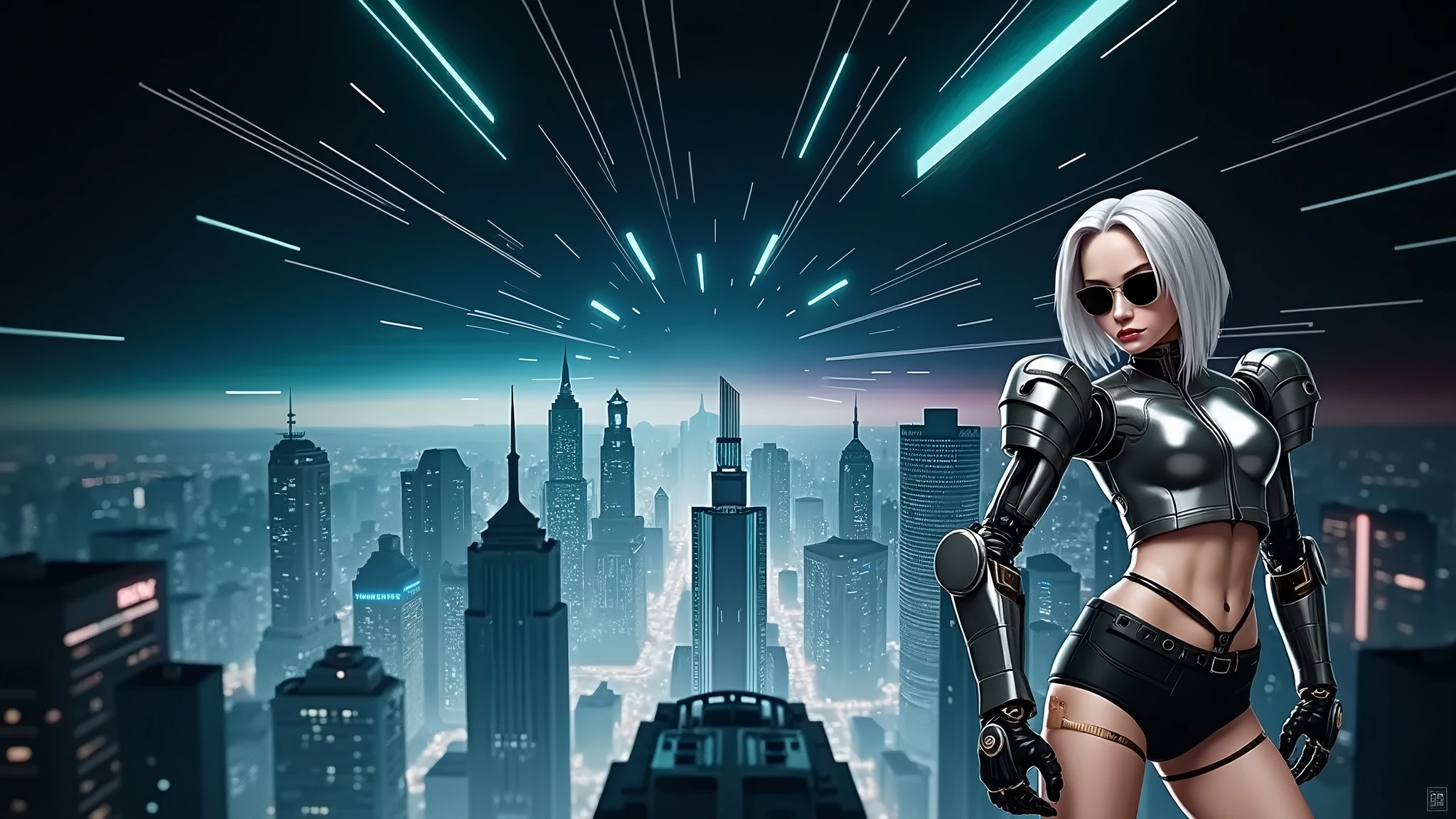 At night, dark sky, aerial view of futuristic sci-fi cyberpunk city, skyscrapers, flying vehicle, (vortex-spirit-spreading giant hologram pyramid-like clock tower as time machine), lightning, high quality. Matrix style, at night, (1girl, solo, alone), photorealistic, medium-breast slim:0.6 body, oval:0.5 face, cleavage:1.1, sexy black laced bra, low angle view of miniskirt, white laced panty, coat, (black micro sunglasses), (holding a short gun), (slightly leaning forward running pose), ((half-body thigh level medium shot)), cinematic lighting, ray tracing, zoom blur background.