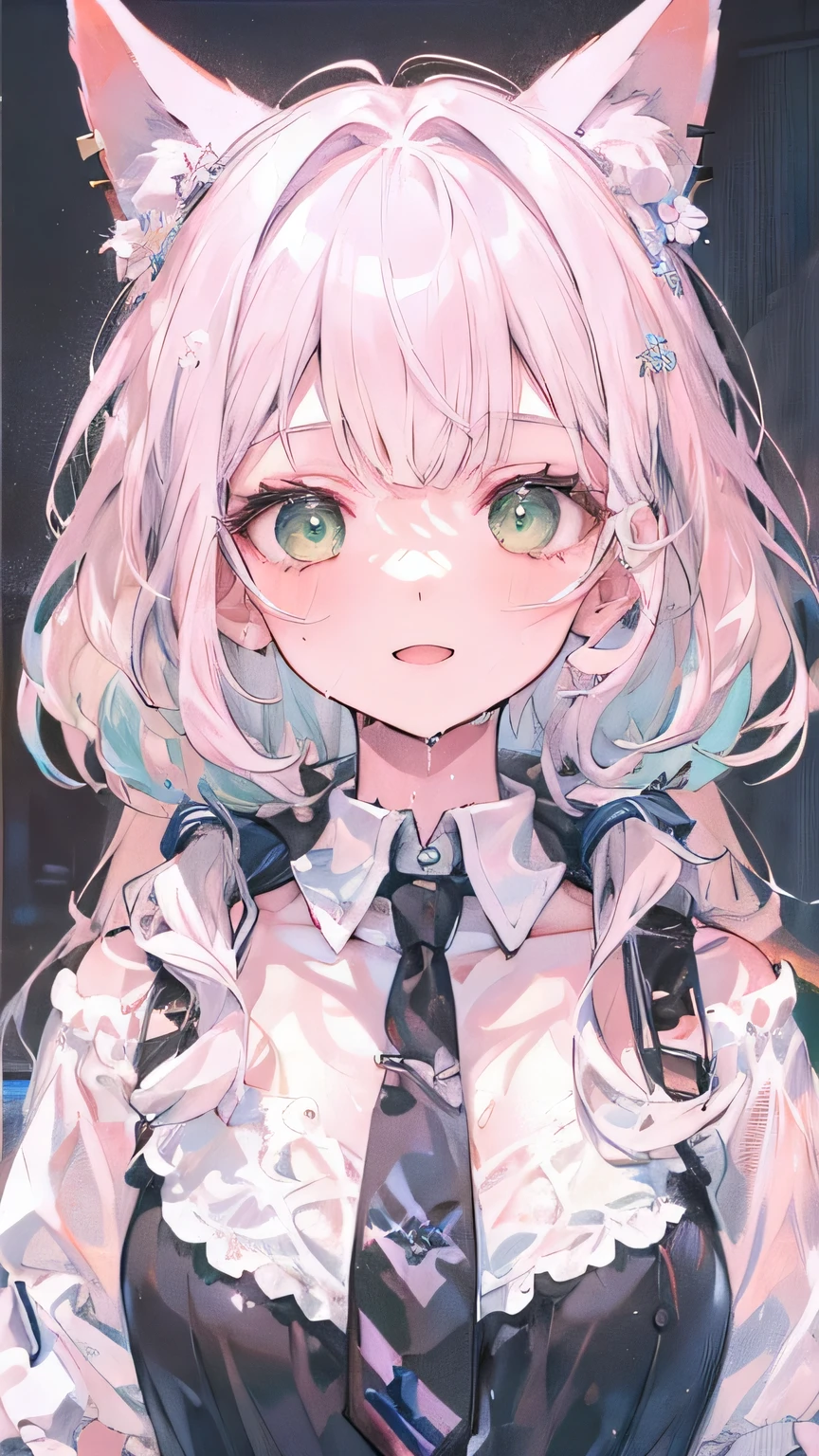 masterpiece,High resolution,Chest, Put your arms behind your back,Swimw, One Girl, bikini, white_bikini, cloud, animal_, green_null, Ocean, null, hair_ornament, winner, black_hair, day, length_hair, bracelet, Water Play, big_Chest, jewelry, smile, Looking_in_audience, , Outdoor, open_mouth, hair_flower, Wet, cloudy_null, belly button, flower, Shine, masterpiece, Please redeem, B.B. Noel, short hair, green eyes, Large Breasts, eyew on head, Choker, Bare shoulders, Clevis, two-tone bikini, belly button, bikini skirt