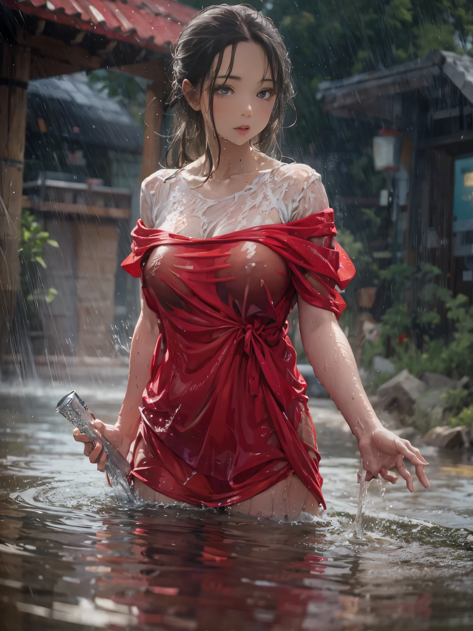 Best quality, masterpiece, ultra high res, (photorealistic:1.2), raw photo, 1girl, red dress, off shoulder, wet, slim japanese woman, outdoor, soaked through, see-through fabric, mid range shot, jenya.d