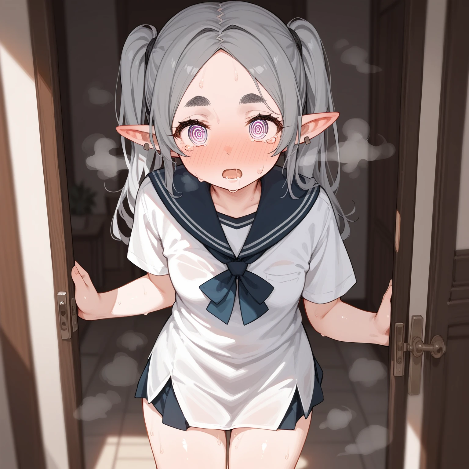 score 9, score 8 up, score 7 up, rating questionable,
detailed background,anatomically correct,2d,anime,
solo,1girl,
(frieren, pointy ears, elf, earrings, twintails, parted bangs, grey hair, thick eyebrows),school uniform,
small breasts,  shiny skin,perky breasts,
looking at viewer, 
pov,blush,face focus, saliva, open mouth,hypnosis,@_@,wide eyes,shed tears,sweat all over,steaming body,excessive sweat running down thighs,
doorway