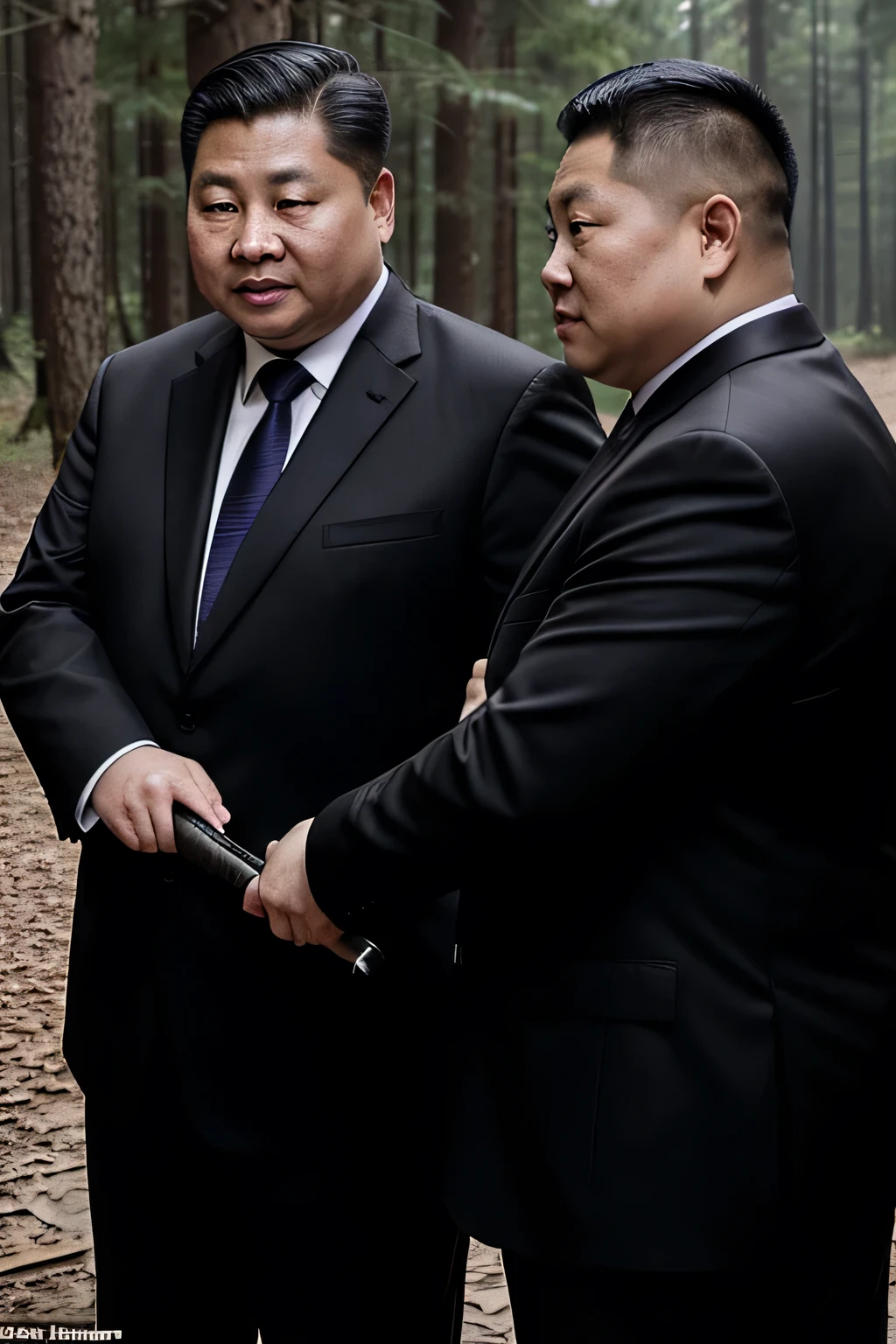 They both wore black ties, Fat Chinese mature round-faced middle-aged man fighting with security guard with knife in forest