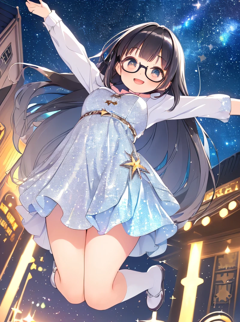 A girl in a dress and glasses is flying through the air - SeaArt AI