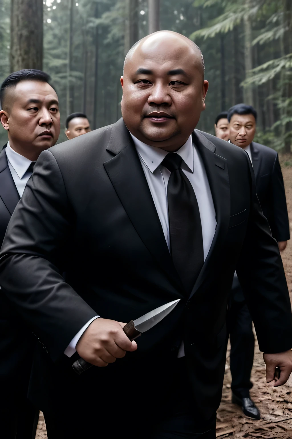 A black tie, Fat Chinese mature bald round-faced middle-aged man fiercely fighting with security guards with a knife in the forest