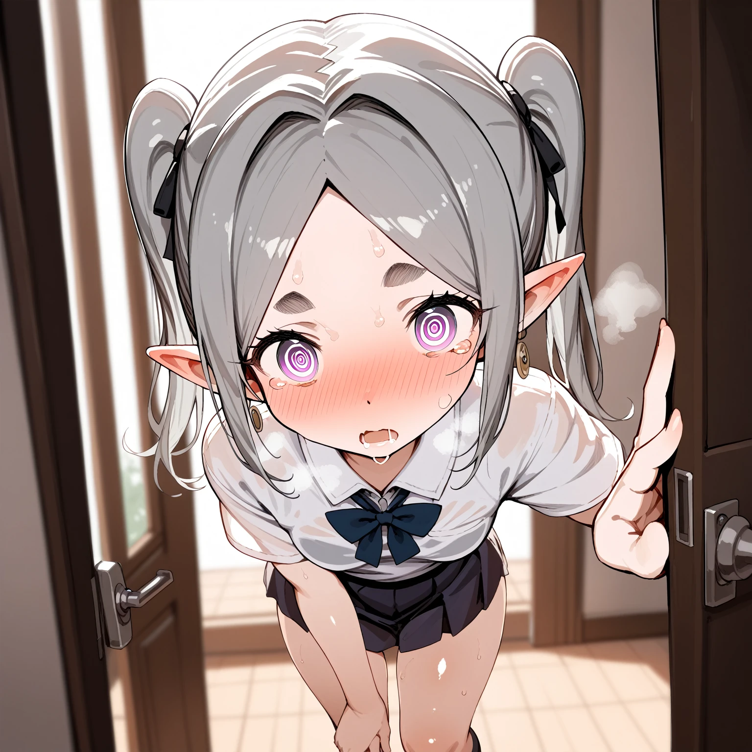 score 9, score 8 up, score 7 up, rating questionable,
detailed background,anatomically correct,2d,anime,
solo,1girl,
(frieren, pointy ears, elf, earrings, twintails, parted bangs, grey hair, thick eyebrows),school uniform,
small breasts,  shiny skin,perky breasts,
looking at viewer, 
pov,blush,face focus, saliva, open mouth,hypnosis,@_@,wide eyes,shed tears,sweat all over,steaming body,excessive sweat running down thighs,
doorway