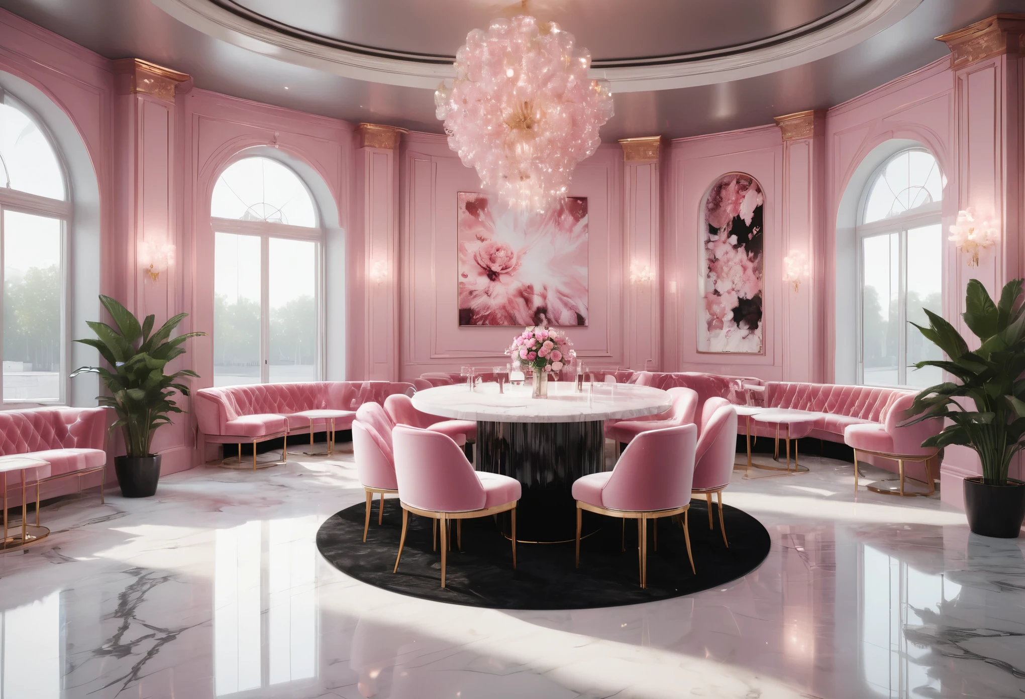 ((There are no windows)).
((Nightclub)),(There are pink velvet box sofas and several tables,)
Champagne glasses on the table,  
((White marble walls, White marble floor, Soft pink lighting, Floral art on the wall,))
Dimly lit room, 
black design,luxury materials, sparkling atmosphere,
archviz, dark monochrome color palate, heaven lighting,
(cinematic render unreal engine, unreal engine rendered, rendered image, well - lit, upscale)