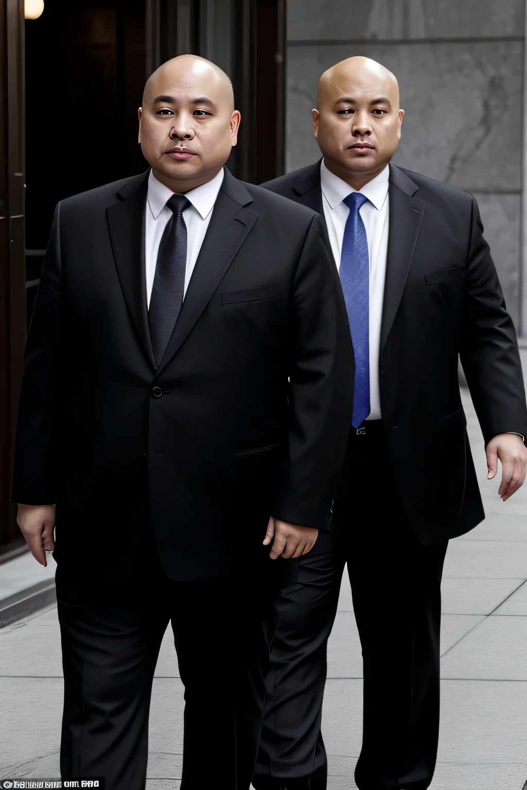 They both wore black ties, Fat Chinese mature bald round-faced middle-aged man and security guard hit each other's stomach fiercely in the forest