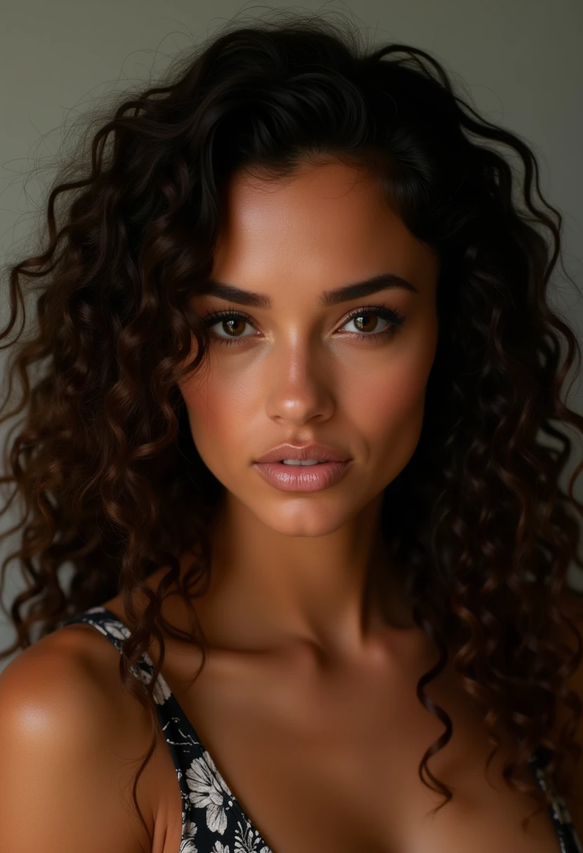 ((best quality)), ((masterpiece)), (detailed), perfect face, curly latin woman, kylie jenner, margot robbie,scarlett johannson, (ultra sexy instagram body:1.5) , beautiful, (perfectly realistic face), detailed face, (sexy face:1.3), brownish eyes, curly hair, (real skin texture:1.3), (busty:1.5), (huge round tits:1.5), (perky tits:1.5), (perfect high tits:1.5), sexy big ass, round ass, juicy ass, (perfect slim body:1.5)