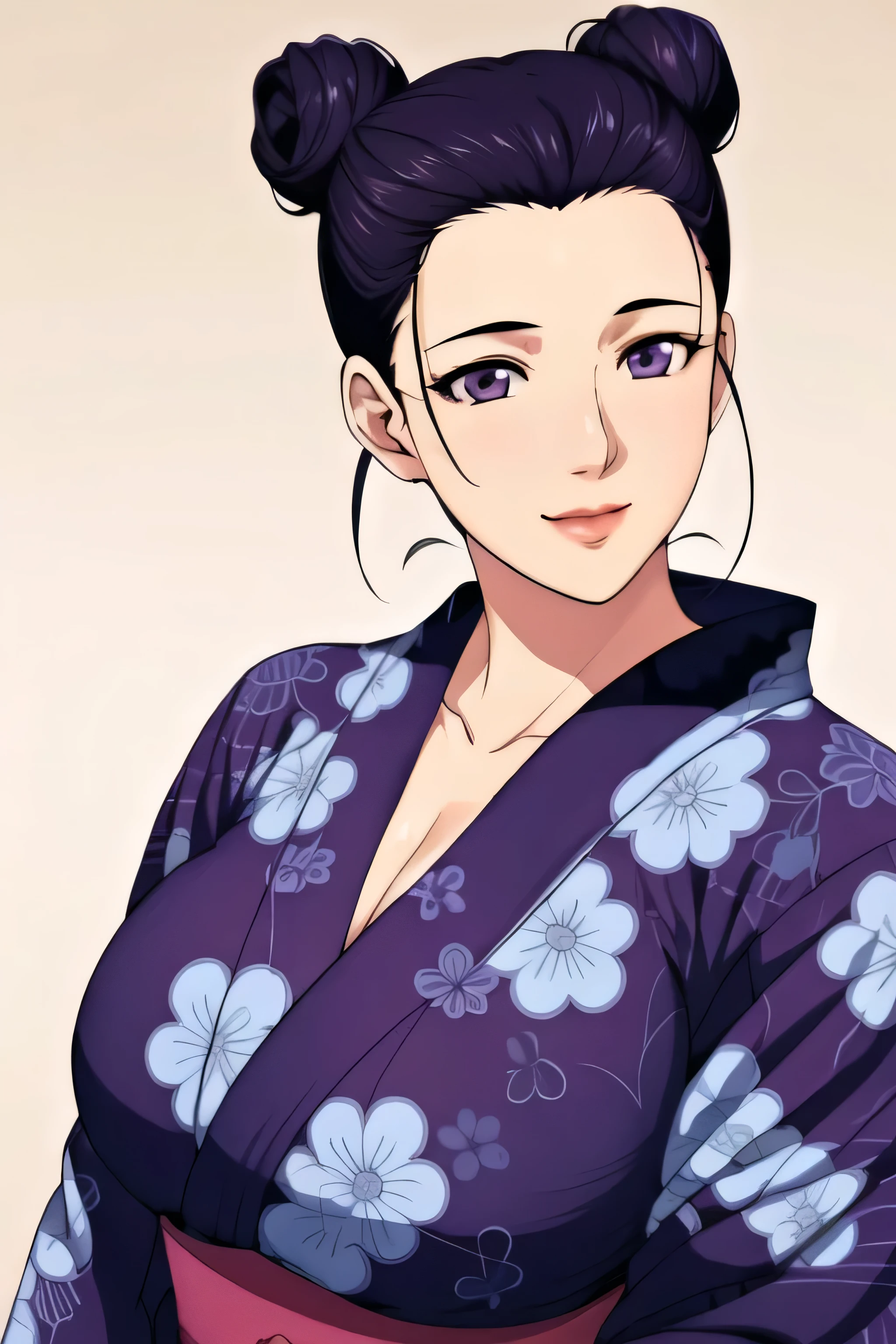 Simple Background,White Background,
purple kimono,floral print,japanese clothes,wide sleeves,long sleeves,
cleavage,
purple eyes, black hair,bangs,hair bun,
1 girl,Young female,Beautiful long legs,Beautiful body,
Beautiful Nose,Beautiful character design, perfect eyes, perfect face,expressive eyes,perfect balance,
looking at viewer,(Focus on her face),closed mouth, (innocent_big_eyes:1.0),(Light_Smile:0.3),
official art,extremely detailed CG unity 8k wallpaper, perfect lighting,Colorful, Bright_Front_face_Lighting,White skin,
(masterpiece:1.0),(best_quality:1.0), ultra high res,4K,ultra-detailed,
photography, 8K, HDR, highres, absurdres:1.2, Kodak portra 400, film grain, blurry background, bokeh:1.2, lens flare, (vibrant_color:1.2),professional photograph,
(Beautiful,large_Breasts:1.4), (beautiful_face:1.5),(narrow_waist),big boobs, navy blue, single bun hairstyle