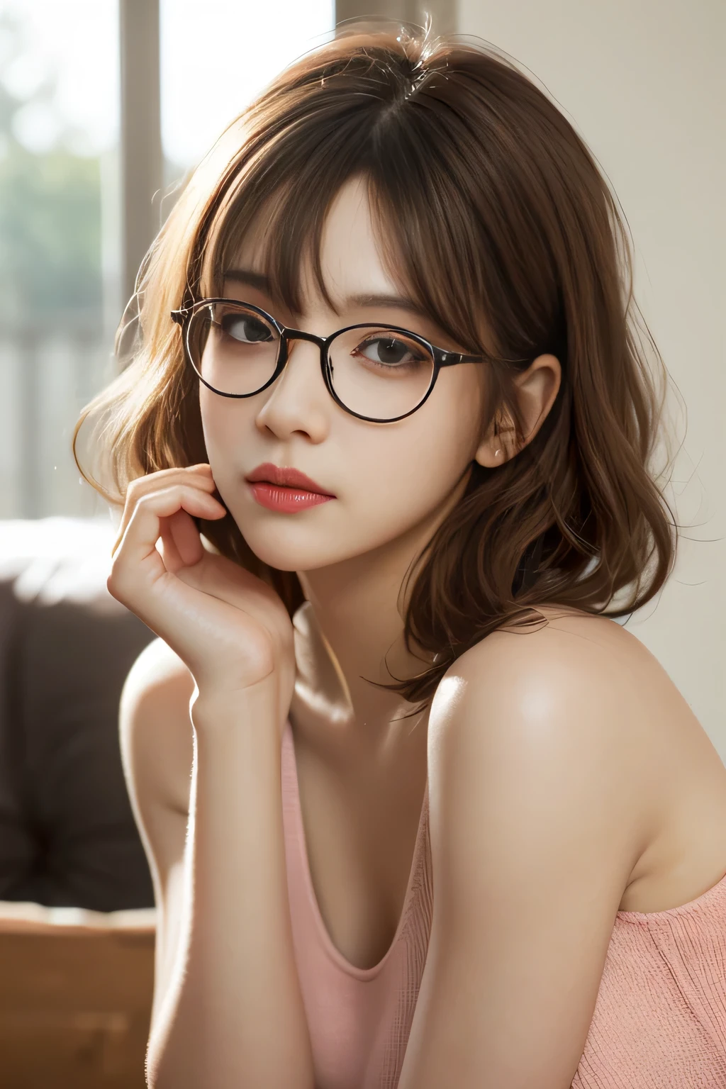 Upper Body Shot, (Realistic:1.5), (Ultra-realistic:1.5), High resolution32k UHD, (masterpiece:1.2), (Improved quality:1.4), (Very beautiful facial details), (Highest quality Realistic skin texture:1.4), Beautiful Japanese Women,  ((Black-rimmed glasses)), Black camisole, Detailed faces, Symmetrical eyes, Beautiful Eyes, (brown eyes), (Detail Eyelashes), (High definition lips), (tired, Sleepy and satisfied:0.0), Brown Hair, bangs, (Natural Wave Hair), Slim figure,  High resolution, Perfect composition, Proper placement, indoor, Blurred Background, External light leaks, Movie Lighting, 