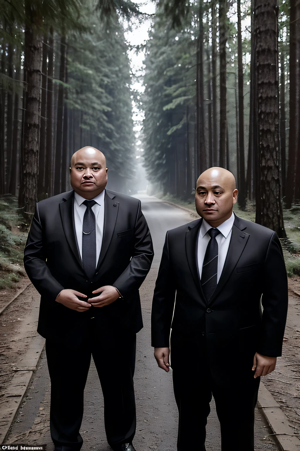 They both wore black ties, Fat Chinese mature bald round-faced middle-aged man and security guard in the forest with stomach injury