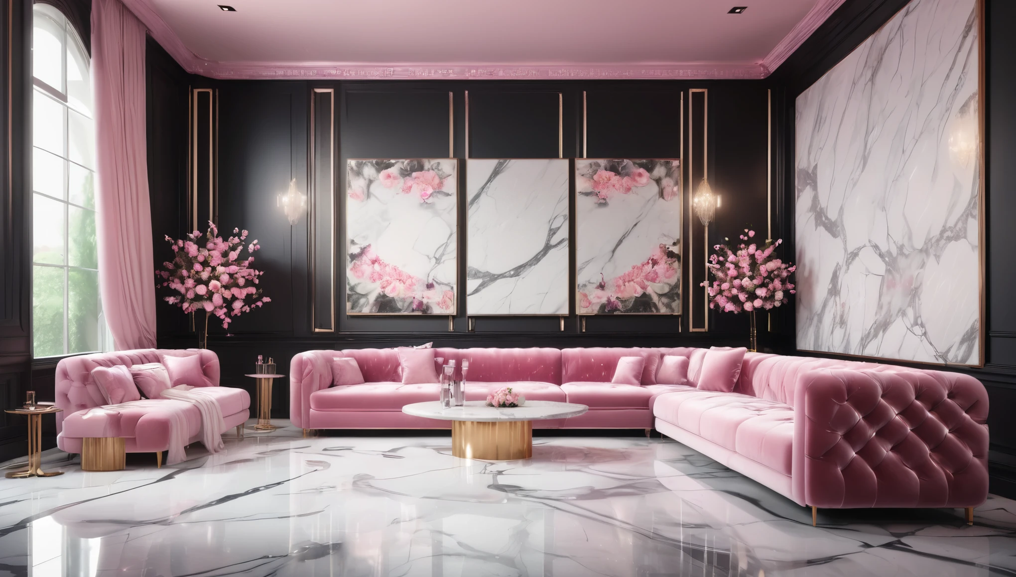 ((no windows)),
((Nightclub)),(There are pink velvet box sofas and several tables,)
Champagne glasses on the table,
((White marble walls, White marble floor, Soft pink lighting, Floral art on the wall,))
Dimly lit room,
black design,luxury materials, sparkling atmosphere,
archviz, dark monochrome color palate, heaven lighting,
(cinematic render unreal engine, unreal engine rendered, rendered image, well - lit, upscale)