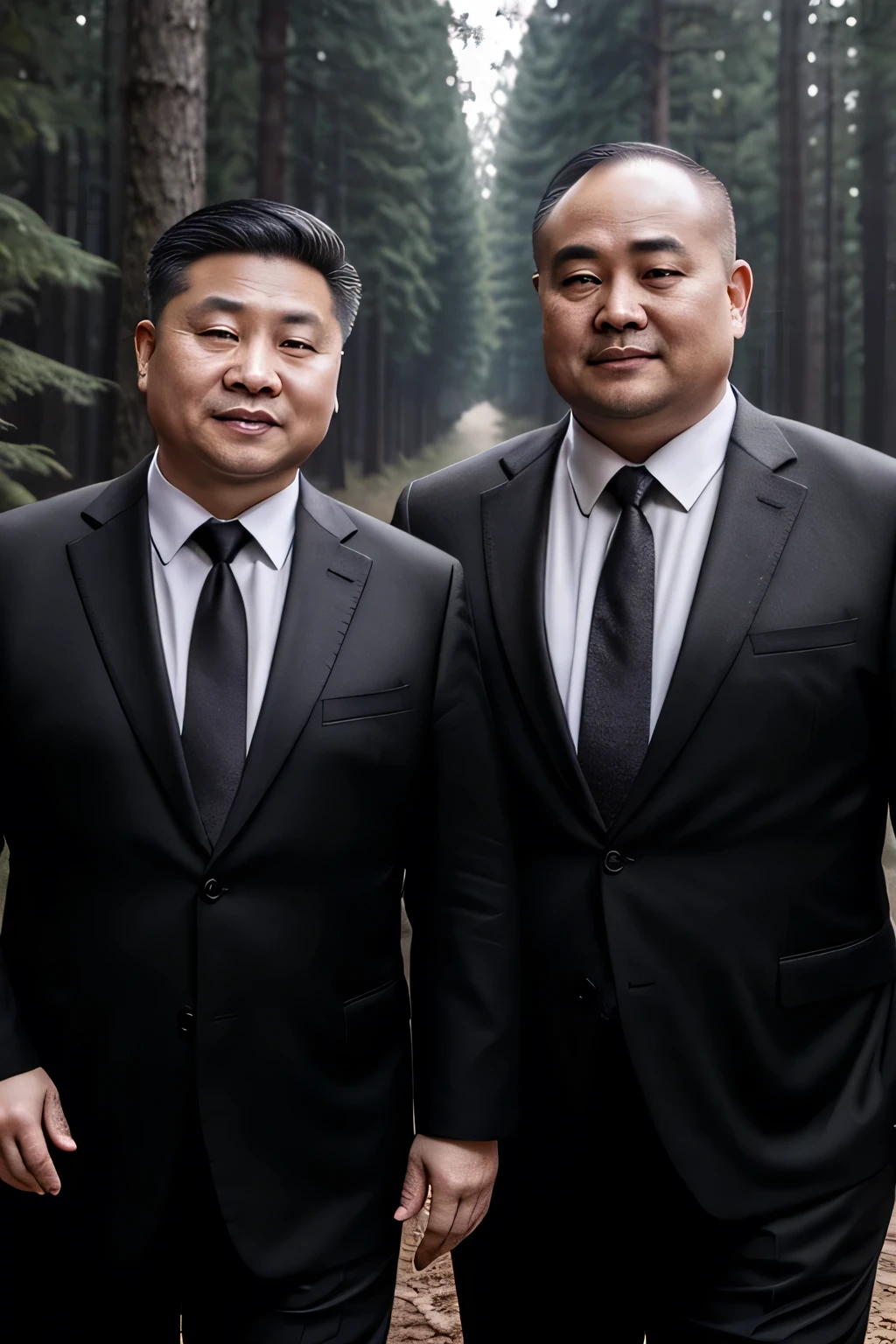 They both wore black ties, Fat Chinese mature bald round face middle-aged man in the forest，cover belly with hands