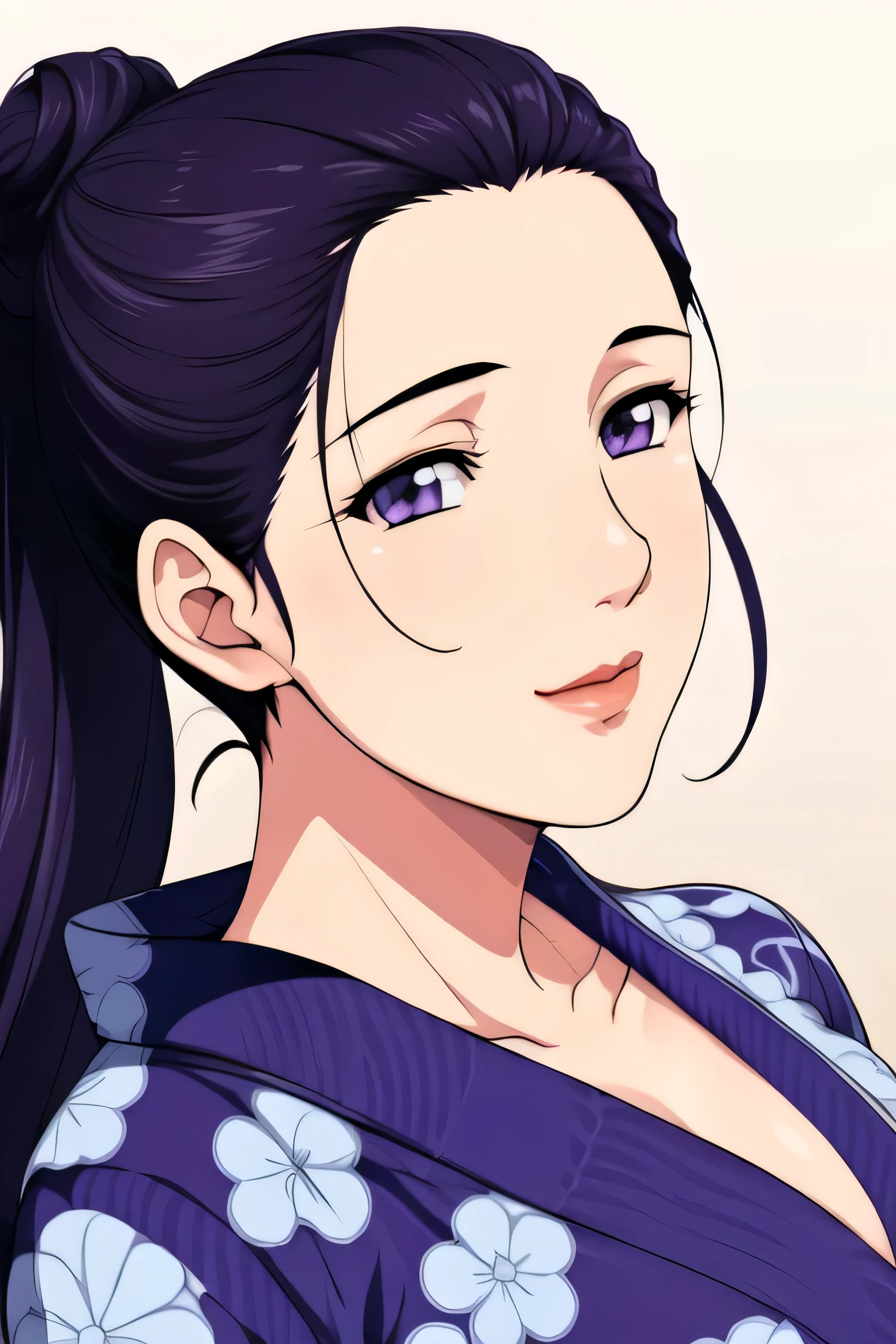 Simple Background,White Background,
purple kimono,floral print,japanese clothes,wide sleeves,long sleeves,
cleavage,
purple eyes, black hair,bangs,hair bun,
1 girl,Young female,Beautiful long legs,Beautiful body,
Beautiful Nose,Beautiful character design, perfect eyes, perfect face,expressive eyes,perfect balance,
looking at viewer,(Focus on her face),closed mouth, (innocent_big_eyes:1.0),(Light_Smile:0.3),
official art,extremely detailed CG unity 8k wallpaper, perfect lighting,Colorful, Bright_Front_face_Lighting,White skin,
(masterpiece:1.0),(best_quality:1.0), ultra high res,4K,ultra-detailed,
photography, 8K, HDR, highres, absurdres:1.2, Kodak portra 400, film grain, blurry background, bokeh:1.2, lens flare, (vibrant_color:1.2),professional photograph,
(Beautiful,large_Breasts:1.4), (beautiful_face:1.5),(narrow_waist),big boobs, navy blue dress, single bun hairstyle
