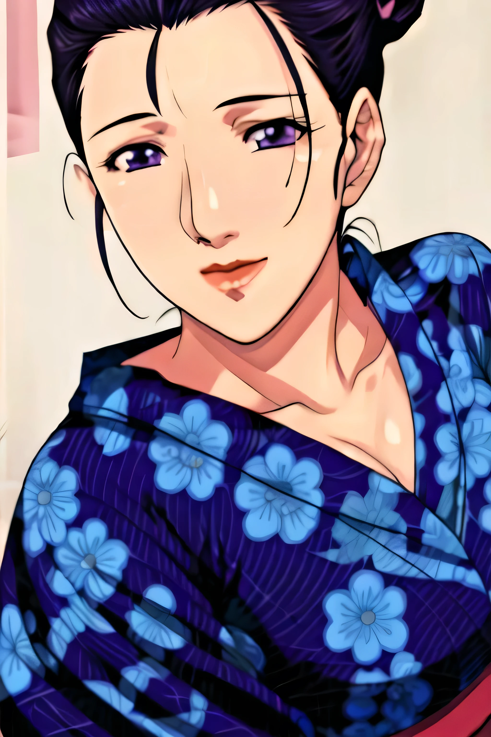 Simple Background,White Background,
purple kimono,floral print,japanese clothes,wide sleeves,long sleeves,
cleavage,
purple eyes, black hair,bangs,hair bun,
1 girl, 20yo,Young female,Beautiful long legs,Beautiful body,
Beautiful Nose,Beautiful character design, perfect eyes, perfect face,expressive eyes,perfect balance,
looking at viewer,(Focus on her face),closed mouth, (innocent_big_eyes:1.0),(Light_Smile:0.3),
official art,extremely detailed CG unity 8k wallpaper, perfect lighting,Colorful, Bright_Front_face_Lighting,White skin,
(masterpiece:1.0),(best_quality:1.0), ultra high res,4K,ultra-detailed,
photography, 8K, HDR, highres, absurdres:1.2, Kodak portra 400, film grain, blurry background, bokeh:1.2, lens flare, (vibrant_color:1.2),professional photograph,
(Beautiful,large_Breasts:1.4), (beautiful_face:1.5),(narrow_waist),