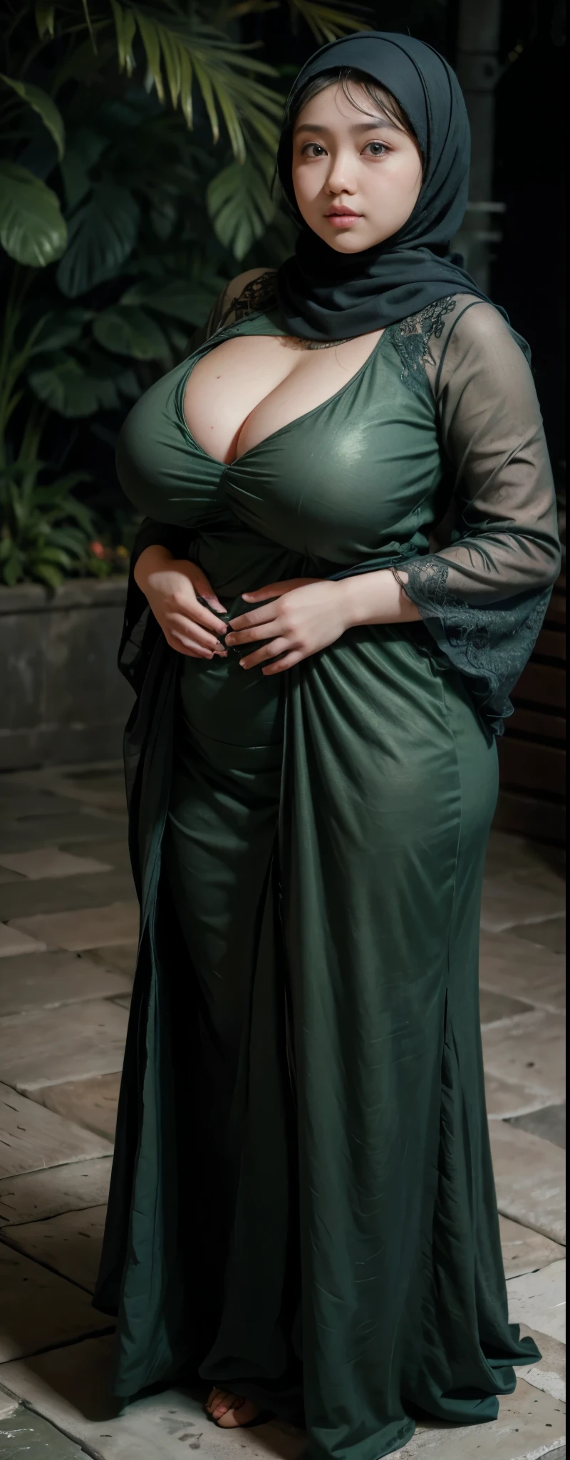 1 malay girl, modern plain hijab, shy, medium portrait, watery eyes, wearing dark green kebaya, ((big breasts)), black bokeh background, well-proportioned body,, chubby massive thighs, full body pose, Hena art on the body, hena art on full body, slightly fat body , voluptuous body , curvy body 