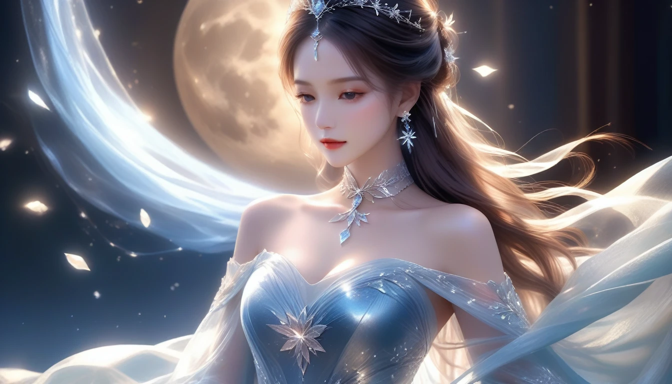 A Masterwork in 32K Resolution, Unmatched Quality, Ultra-Fine Details, Official Art, Supreme 32K Wallpaper, Gorgeous and Ethereal, Highly Detailed Features, Spellbinding Detail, Dutch Angle, Hyper-realistic, Moonlit Winter Landscape. (One Woman, Solitary) (Silver and Lustrous Hair: 1.3, Long and Flowing) (She Is Wrapped in Delicate, Sensuous Silk Fabric), ((Off-the-shoulder, Highlight Her Ample Breasts, Diamond Choker)) (Exquisite Cleavage) (Celestial Night, Floating Glimmers Surrounding Her). The Composition of Her Ethereal Beauty Is Otherworldly, With the Reflected Adding Depth and Magic, Enhanced by Gentle, Dreamlike Lighting That Captures Every Nuance. Her Sculpted, Angelic Face Shines Against the Frosty Waters, Illuminating Her Timeless Grace in This Astonishingly Realistic and Enchanting Scene.