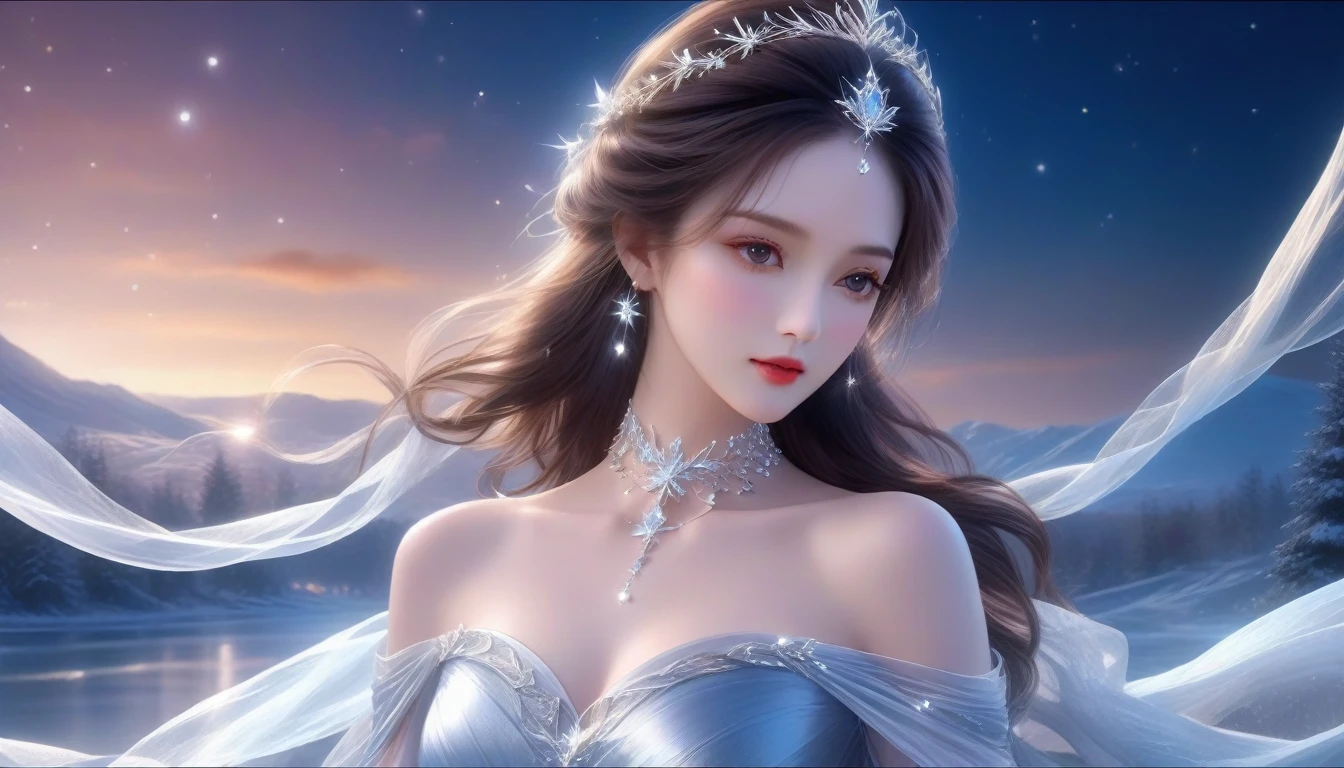 A Masterwork in 32K Resolution, Unmatched Quality, Ultra-Fine Details, Official Art, Supreme 32K Wallpaper, Gorgeous and Ethereal, Highly Detailed Features, Spellbinding Detail, Dutch Angle, Hyper-realistic, Moonlit Winter Landscape. (One Woman, Solitary) (Silver and Lustrous Hair: 1.3, Long and Flowing) (She Is Wrapped in Delicate, Sensuous Silk Fabric), ((Off-the-shoulder, Highlight Her Ample Breasts, Diamond Choker)) (Exquisite Cleavage) (Celestial Night, Floating Glimmers Surrounding Her). The Composition of Her Ethereal Beauty Is Otherworldly, With the Reflected Adding Depth and Magic, Enhanced by Gentle, Dreamlike Lighting That Captures Every Nuance. Her Sculpted, Angelic Face Shines Against the Frosty Waters, Illuminating Her Timeless Grace in This Astonishingly Realistic and Enchanting Scene.