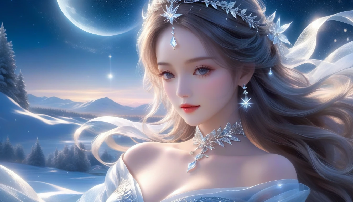 A Masterwork in 32K Resolution, Unmatched Quality, Ultra-Fine Details, Official Art, Supreme 32K Wallpaper, Gorgeous and Ethereal, Highly Detailed Features, Spellbinding Detail, Dutch Angle, Hyper-realistic, Moonlit Winter Landscape. (One Woman, Solitary) (Silver and Lustrous Hair: 1.3, Long and Flowing) (She Is Wrapped in Delicate, Sensuous Silk Fabric), ((Off-the-shoulder, Highlight Her Ample Breasts, Diamond Choker)) (Exquisite Cleavage) (Celestial Night, Floating Glimmers Surrounding Her). The Composition of Her Ethereal Beauty Is Otherworldly, With the Reflected Adding Depth and Magic, Enhanced by Gentle, Dreamlike Lighting That Captures Every Nuance. Her Sculpted, Angelic Face Shines Against the Frosty Waters, Illuminating Her Timeless Grace in This Astonishingly Realistic and Enchanting Scene.