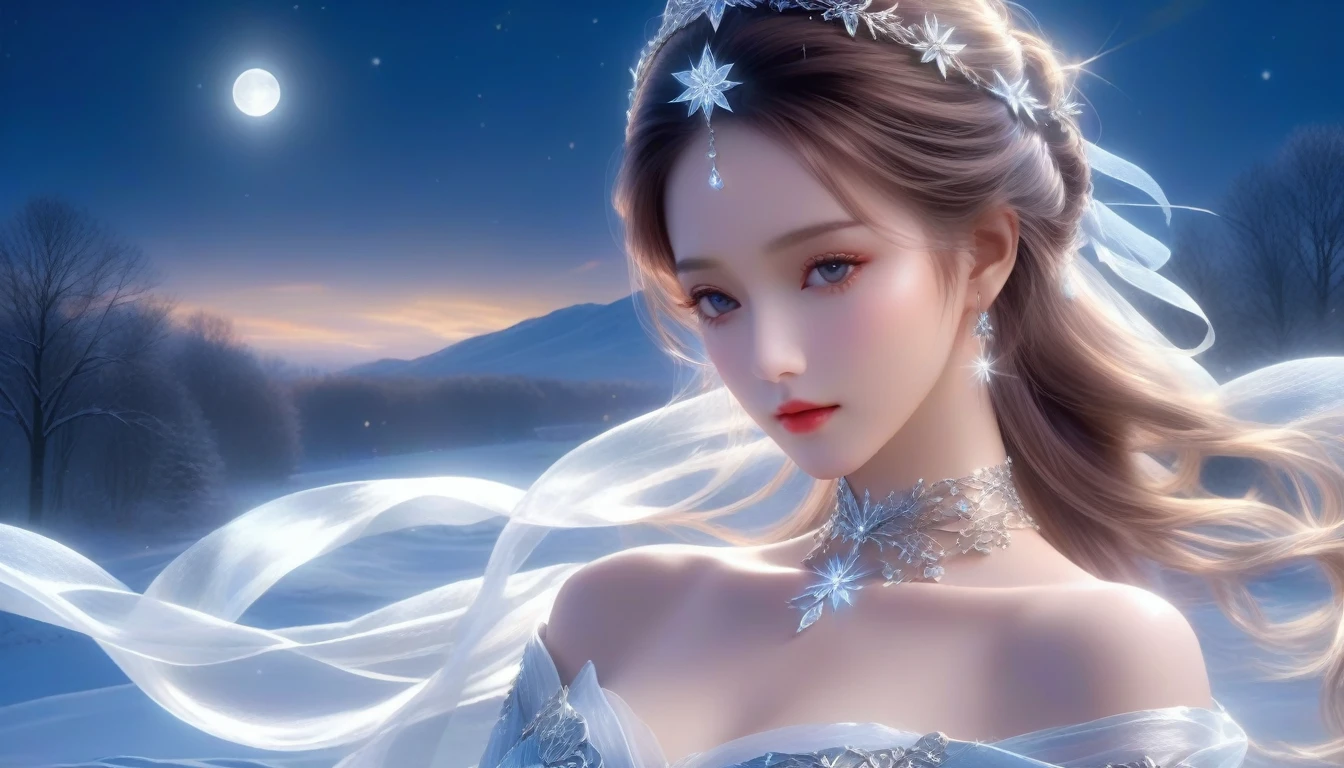 A Masterwork in 32K Resolution, Unmatched Quality, Ultra-Fine Details, Official Art, Supreme 32K Wallpaper, Gorgeous and Ethereal, Highly Detailed Features, Spellbinding Detail, Dutch Angle, Hyper-realistic, Moonlit Winter Landscape. (One Woman, Solitary) (Silver and Lustrous Hair: 1.3, Long and Flowing) (She Is Wrapped in Delicate, Sensuous Silk Fabric), ((Off-the-shoulder, Highlight Her Ample Breasts, Diamond Choker)) (Exquisite Cleavage) (Celestial Night, Floating Glimmers Surrounding Her). The Composition of Her Ethereal Beauty Is Otherworldly, With the Reflected Adding Depth and Magic, Enhanced by Gentle, Dreamlike Lighting That Captures Every Nuance. Her Sculpted, Angelic Face Shines Against the Frosty Waters, Illuminating Her Timeless Grace in This Astonishingly Realistic and Enchanting Scene.