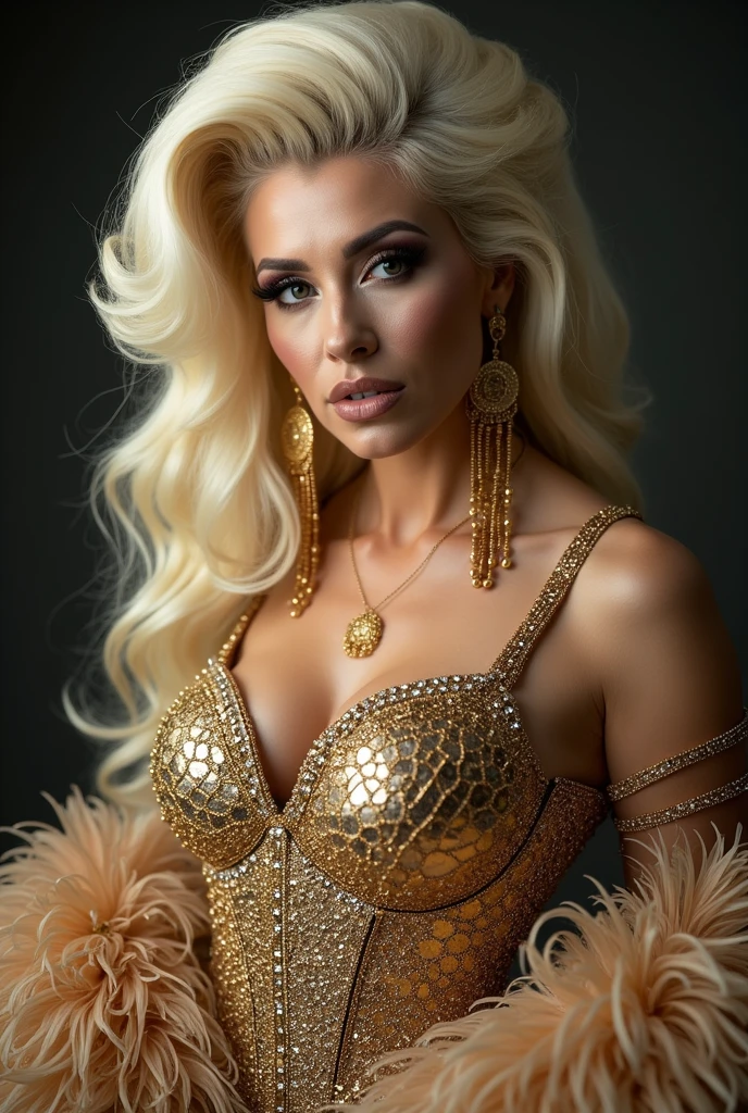 very attractive 25 year old girl with long platinum blonde hair, A provocative burlesque dancer adorned in feathers and sequins, captivating the audience with her sensual movements.