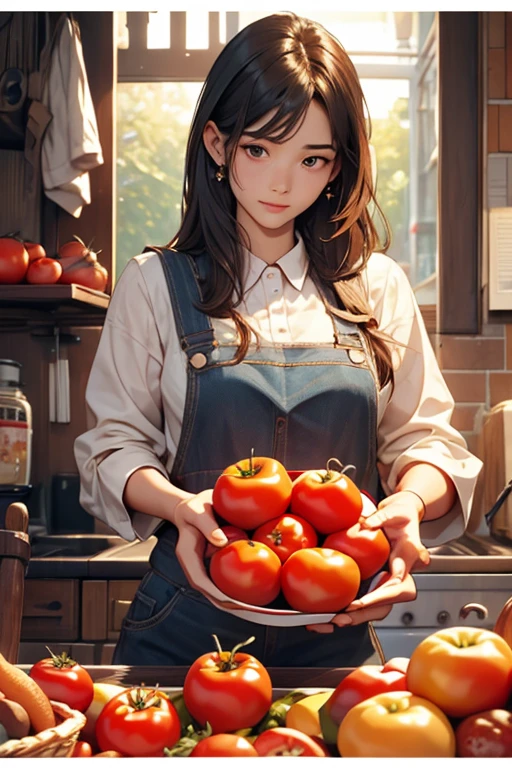 Best Quality、masterpiece、High sensitivity、High resolution、Detailed Description、Delicate facial depiction、Slender women、Pick up the dropped tomatoes、squat、