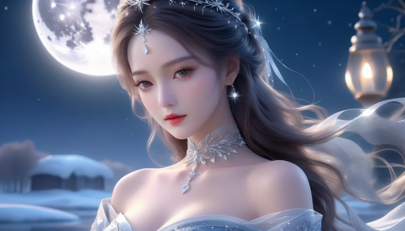 A Masterwork in 32K Resolution, Unmatched Quality, Ultra-Fine Details, Official Art, Supreme 32K Wallpaper, Gorgeous and Ethereal, Highly Detailed Features, Spellbinding Detail, Dutch Angle, Hyper-realistic, Moonlit Winter Landscape. (One Woman, Solitary) (Silver and Lustrous Hair: 1.3, Long and Flowing) (She Is Wrapped in Delicate, Sensuous Silk Fabric), ((Off-the-shoulder, Highlight Her Ample Breasts, Diamond Choker)) (Exquisite Cleavage) (Celestial Night, Floating Glimmers Surrounding Her). The Composition of Her Ethereal Beauty Is Otherworldly, With the Reflected Adding Depth and Magic, Enhanced by Gentle, Dreamlike Lighting That Captures Every Nuance. Her Sculpted, Angelic Face Shines Against the Frosty Waters, Illuminating Her Timeless Grace in This Astonishingly Realistic and Enchanting Scene.