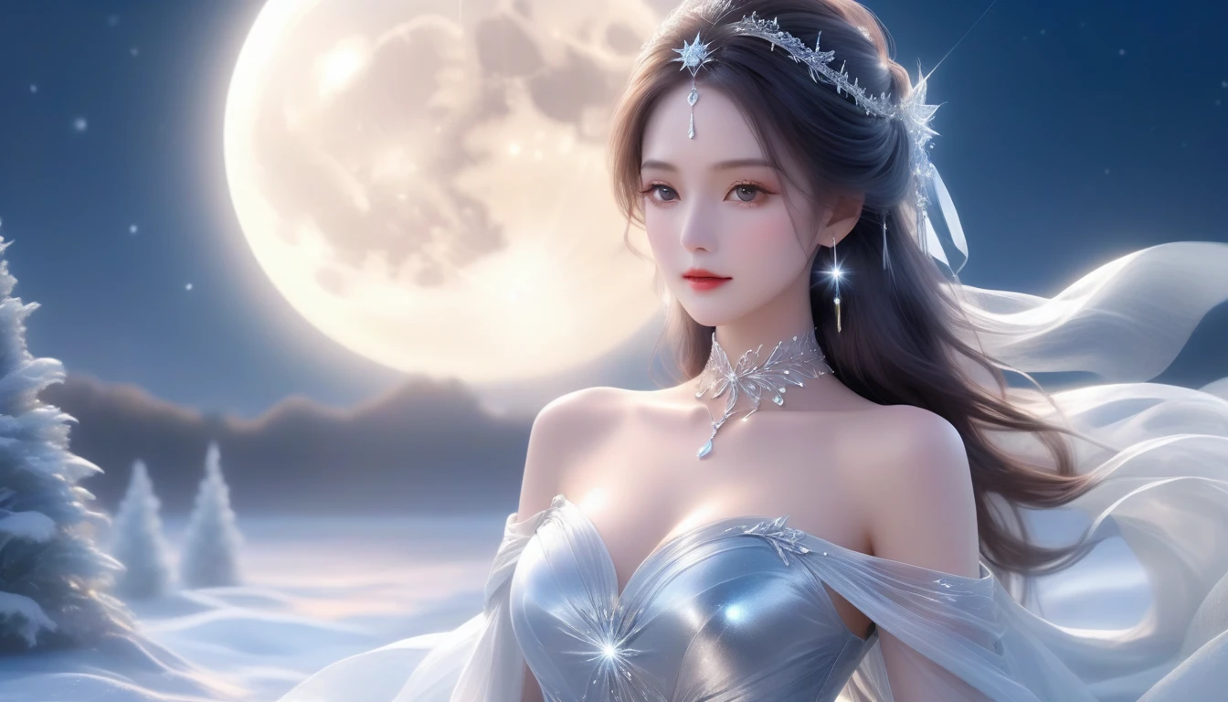 A Masterwork in 32K Resolution, Unmatched Quality, Ultra-Fine Details, Official Art, Supreme 32K Wallpaper, Gorgeous and Ethereal, Highly Detailed Features, Spellbinding Detail, Dutch Angle, Hyper-realistic, Moonlit Winter Landscape. (One Woman, Solitary) (Silver and Lustrous Hair: 1.3, Long and Flowing) (She Is Wrapped in Delicate, Sensuous Silk Fabric), ((Off-the-shoulder, Highlight Her Ample Breasts, Diamond Choker)) (Exquisite Cleavage) (Celestial Night, Floating Glimmers Surrounding Her). The Composition of Her Ethereal Beauty Is Otherworldly, With the Reflected Adding Depth and Magic, Enhanced by Gentle, Dreamlike Lighting That Captures Every Nuance. Her Sculpted, Angelic Face Shines Against the Frosty Waters, Illuminating Her Timeless Grace in This Astonishingly Realistic and Enchanting Scene.