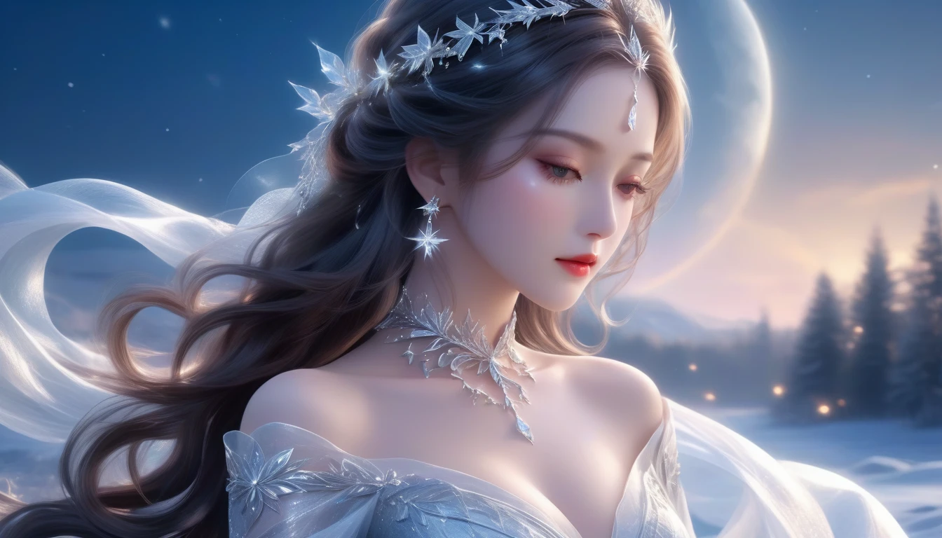 A Masterwork in 32K Resolution, Unmatched Quality, Ultra-Fine Details, Official Art, Supreme 32K Wallpaper, Gorgeous and Ethereal, Highly Detailed Features, Spellbinding Detail, Dutch Angle, Hyper-realistic, Moonlit Winter Landscape. (One Woman, Solitary) (Silver and Lustrous Hair: 1.3, Long and Flowing) (She Is Wrapped in Delicate, Sensuous Silk Fabric), ((Off-the-shoulder, Highlight Her Ample Breasts, Diamond Choker)) (Exquisite Cleavage) (Celestial Night, Floating Glimmers Surrounding Her). The Composition of Her Ethereal Beauty Is Otherworldly, With the Reflected Adding Depth and Magic, Enhanced by Gentle, Dreamlike Lighting That Captures Every Nuance. Her Sculpted, Angelic Face Shines Against the Frosty Waters, Illuminating Her Timeless Grace in This Astonishingly Realistic and Enchanting Scene.