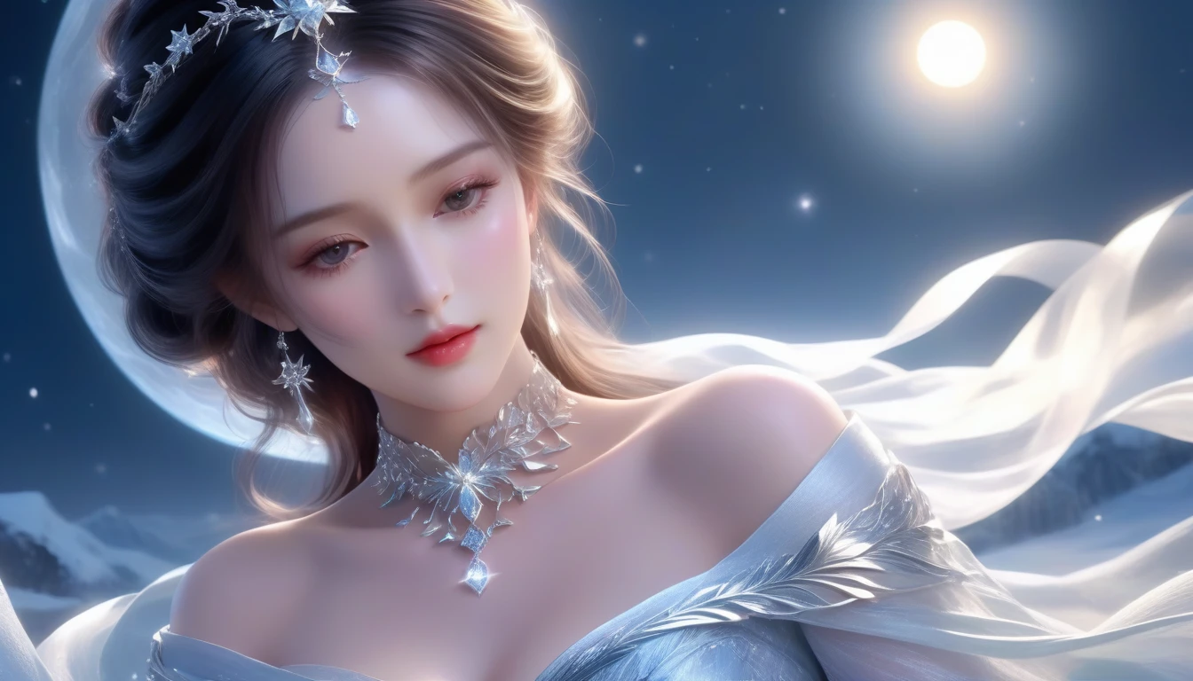 A Masterwork in 32K Resolution, Unmatched Quality, Ultra-Fine Details, Official Art, Supreme 32K Wallpaper, Gorgeous and Ethereal, Highly Detailed Features, Spellbinding Detail, Dutch Angle, Hyper-realistic, Moonlit Winter Landscape. (One Woman, Solitary) (Silver and Lustrous Hair: 1.3, Long and Flowing) (She Is Wrapped in Delicate, Sensuous Silk Fabric), ((Off-the-shoulder, Highlight Her Ample Breasts, Diamond Choker)) (Exquisite Cleavage) (Celestial Night, Floating Glimmers Surrounding Her). The Composition of Her Ethereal Beauty Is Otherworldly, With the Reflected Adding Depth and Magic, Enhanced by Gentle, Dreamlike Lighting That Captures Every Nuance. Her Sculpted, Angelic Face Shines Against the Frosty Waters, Illuminating Her Timeless Grace in This Astonishingly Realistic and Enchanting Scene.