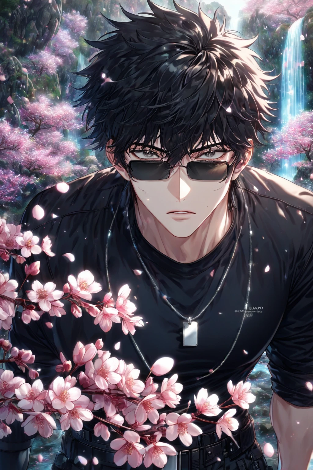 absurdres, highres, ultra detailed, HDR, master piece, best quality, detailed eyes, detailed face, delicated features, Manhwa Style, Kougami Shinya, black hair, short hair, tousled spiky hair, expressive gray eyes, Code Zero, Psycho Pass, solo, sexy man, adult face, adult, mature, handsome, tight black T-shirt, silver tag necklace, black gloves, fingerless gloves, black cargo pants, belts, military, he is wearing black rectangular sunglasses, fantasy, magical, cherry blossoms, pink flowers, pink butterflies, waterfall, rocks, pink petals, nature, spring