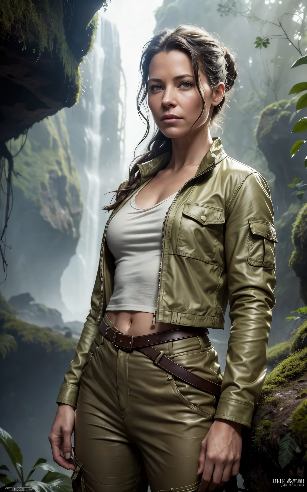 Create an image capturing Lara Croft in a daring expedition through an ancient, overgrown temple ruin. With the ruins shrouded in mist, Lara stands at the entrance, her iconic silhouette outlined against the crumbling stone. Armed with her trusty bow and climbing gear, she navigates the treacherous terrain with skill and determination. As she explores deeper into the temple, her keen eyes search for hidden artifacts and long-lost treasures, her unwavering resolve matched only by the untamed wilderness surrounding her