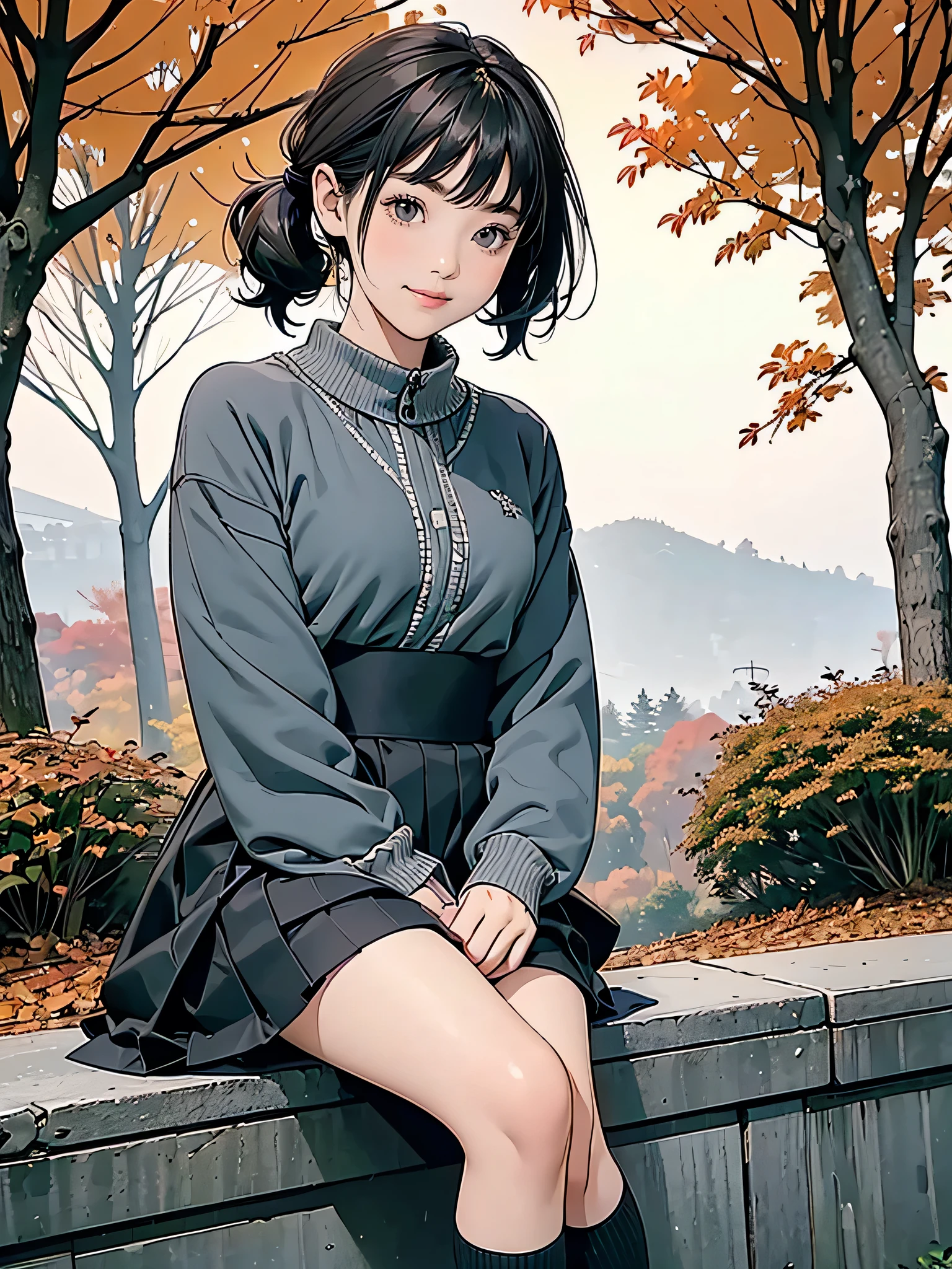 Create an green scene where a beautiful young dark gray-eyed Japanese young highschool girl .silver color highlight dark ash brown color hair,Short twin tail hairstyle、Light brown gothic fashion、Knee-high socks、Sitting、The background is empty and shadowy
、Autumn scenery、autumn leaves、Autumn sky、Fallen leaves background blur, smile