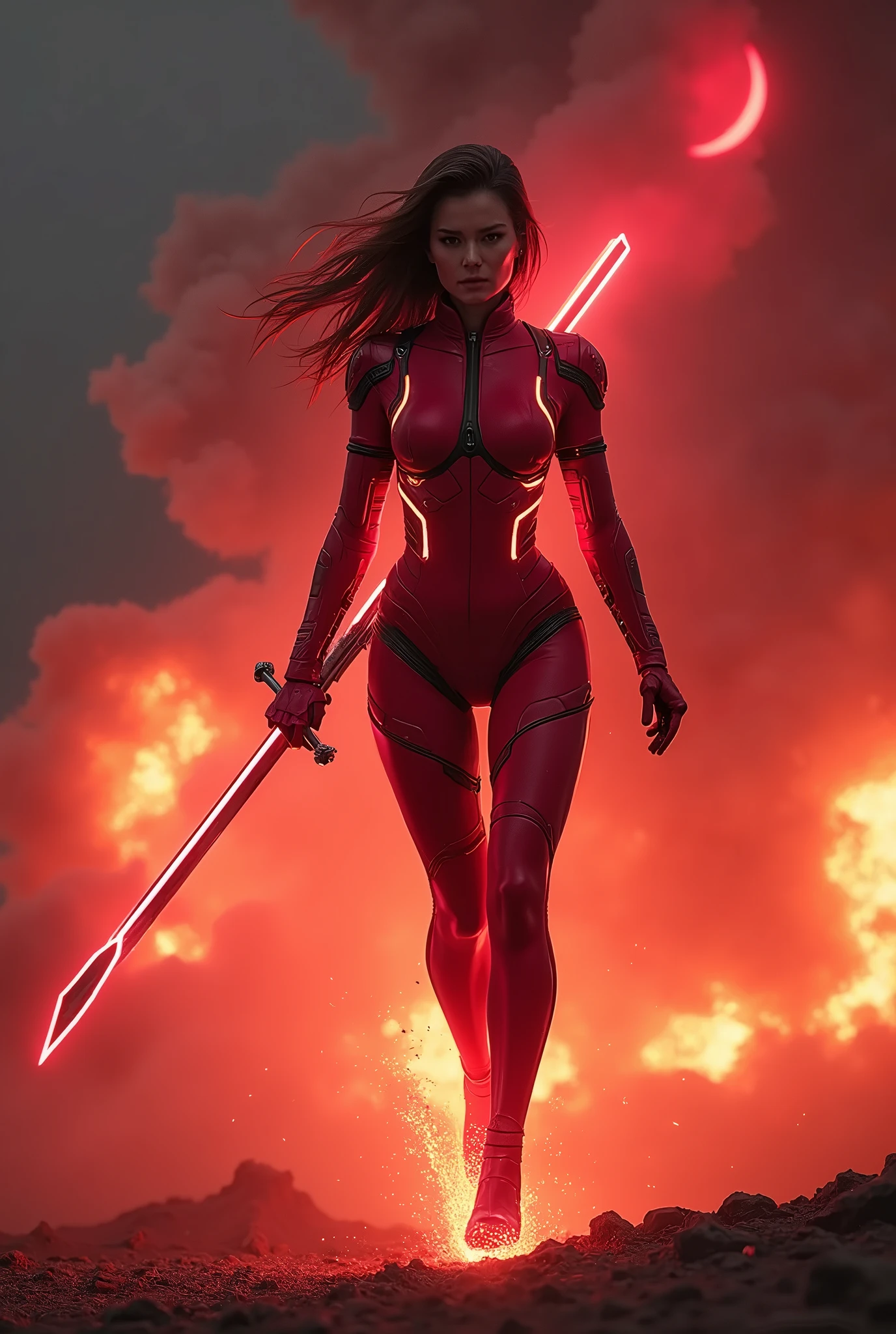 A transforming heroine appears in a hero action scene amidst an explosion of flames., The body is surrounded by a glowing red energy., Wearing a tight-fitting crimson red combat suit, Patchwork combat suit, Neon-colored line lights that accentuate your figure, A transforming heroine appears from the flames in a jumping pose, standing on one leg, Wields a slim rapier, Reinforced parts are attached to the shoulders, chest, waist and shins., Decorative and mechanical reinforcement parts, Flying dust, A glaring, screaming face, Dust cloud, The barren land of the dark night, Thin crescent moon,Dramatic lighting, Cinematic composition, Super detailed, 8k, Photorealistic, Greg Rutkowski 作, ArtStation.