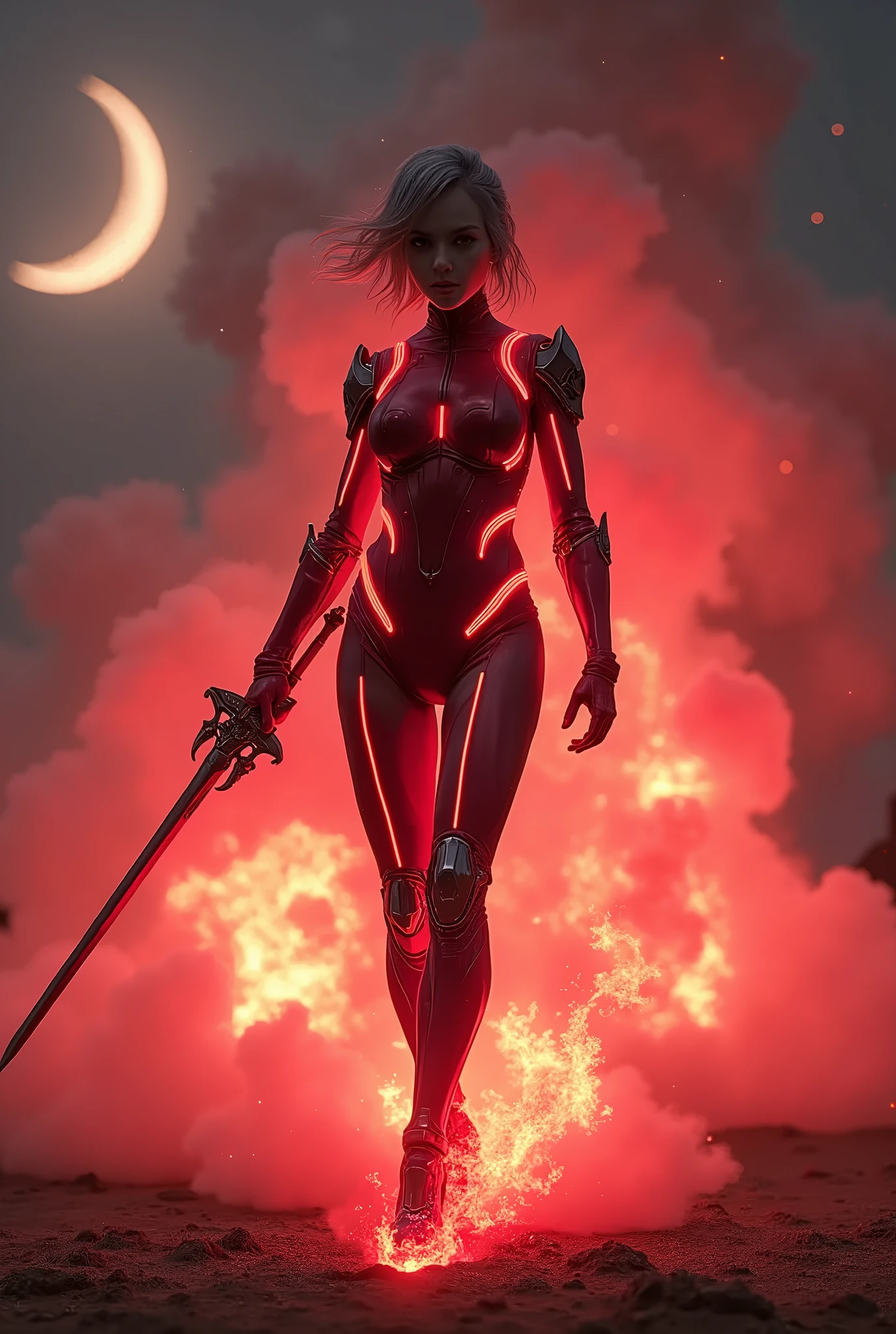 A transforming heroine appears in a hero action scene amidst an explosion of flames., The body is surrounded by a glowing red energy., Wearing a tight-fitting crimson red combat suit, Patchwork combat suit, Neon-colored line lights that accentuate your figure, A transforming heroine appears from the flames in a jumping pose, standing on one leg, Wields a slim rapier, Reinforced parts are attached to the shoulders, chest, waist and shins., Decorative and mechanical reinforcement parts, Flying dust, A glaring, screaming face, Dust cloud, The barren land of the dark night, Thin crescent moon,Dramatic lighting, Cinematic composition, Super detailed, 8k, Photorealistic, Greg Rutkowski 作, ArtStation.